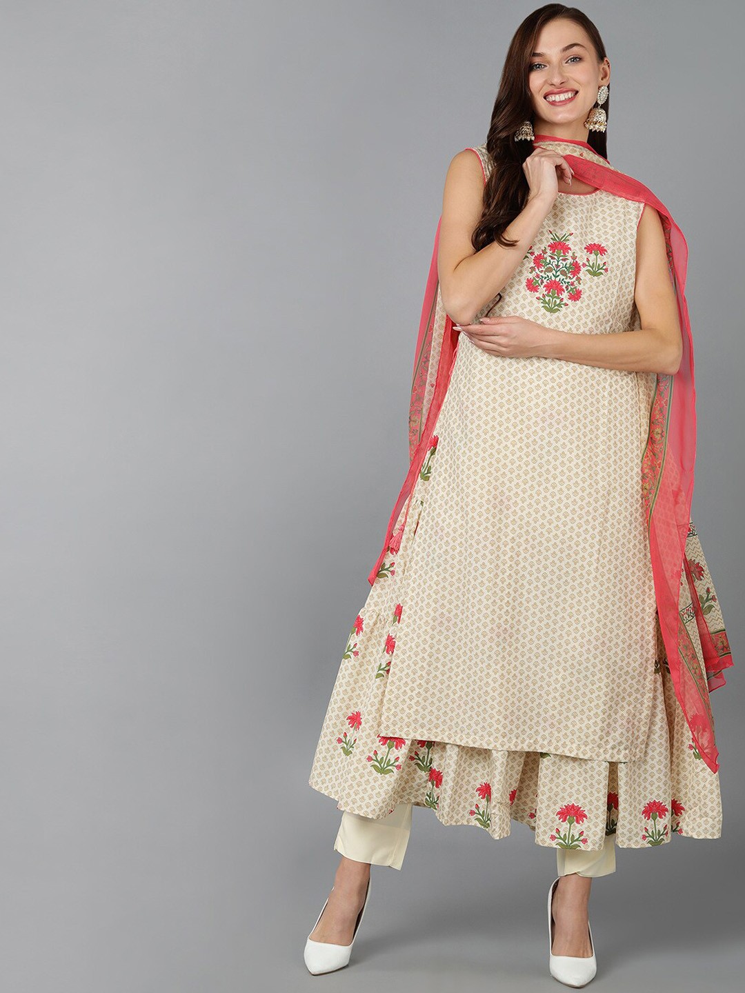 

AHIKA Floral Printed Layered Kurta & Trousers With Dupatta, Beige