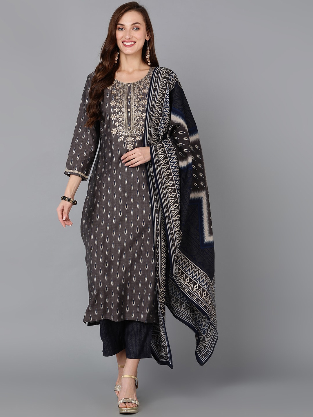 

AHIKA Ethnic Motifs Printed Regular Kurta With Trousers & Dupatta, Grey
