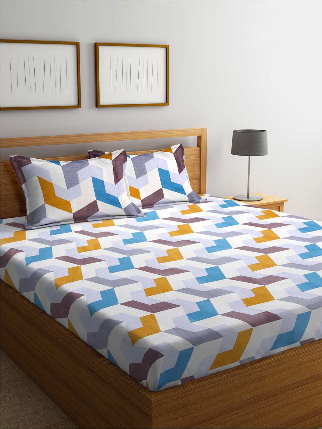 

FABINALIV White & Blue Geometric Print 300 TC Fitted Super King Bedsheet & 2 Pillow Covers