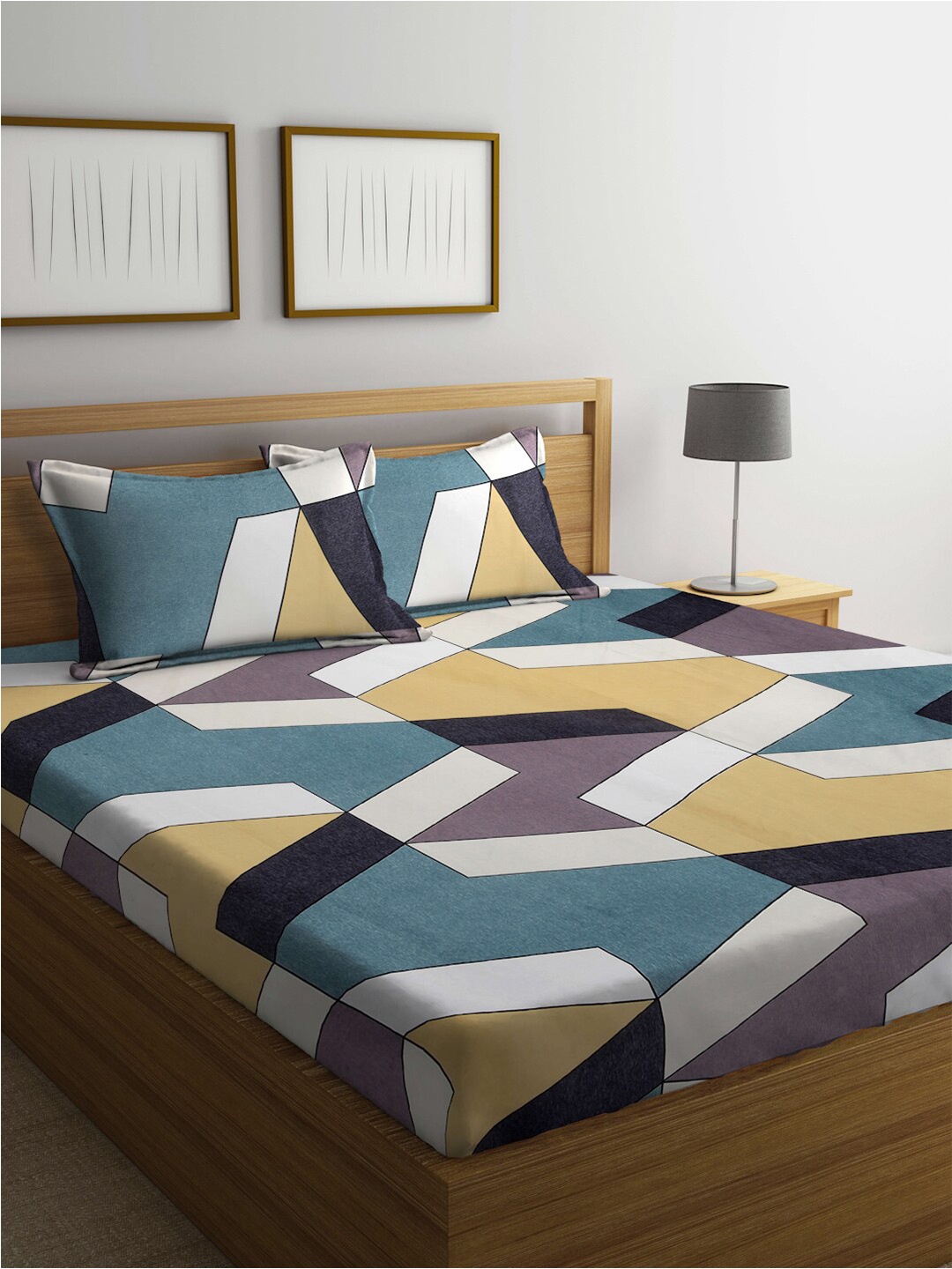 

FABINALIV White & Blue Geometric 300 TC King Bedsheet & 2 Pillow Covers