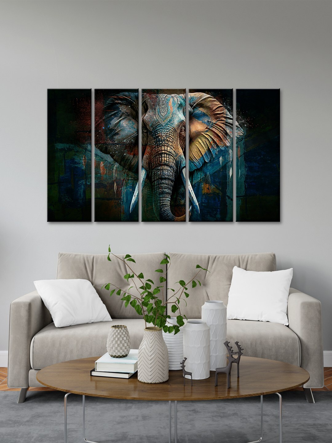 

999Store Black & Blue 5 Pieces Elephant Face Art MDF Wall Painting Set