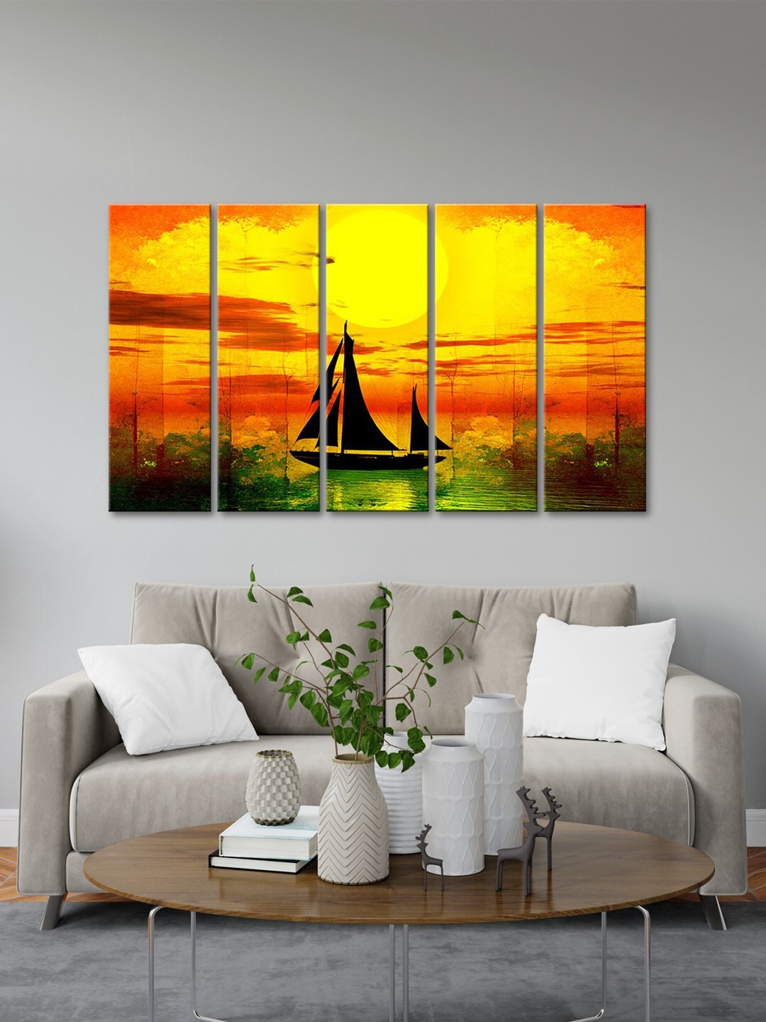 

999Store Yellow & Green 5 Pieces Sunset View With Boat Wall Art