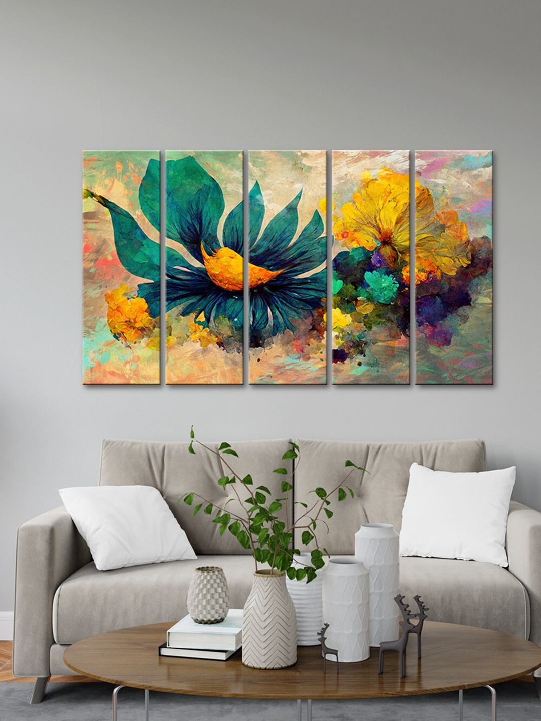 

999Store Green & Yellow 5 Pieces Flower With Abstract Wall Art