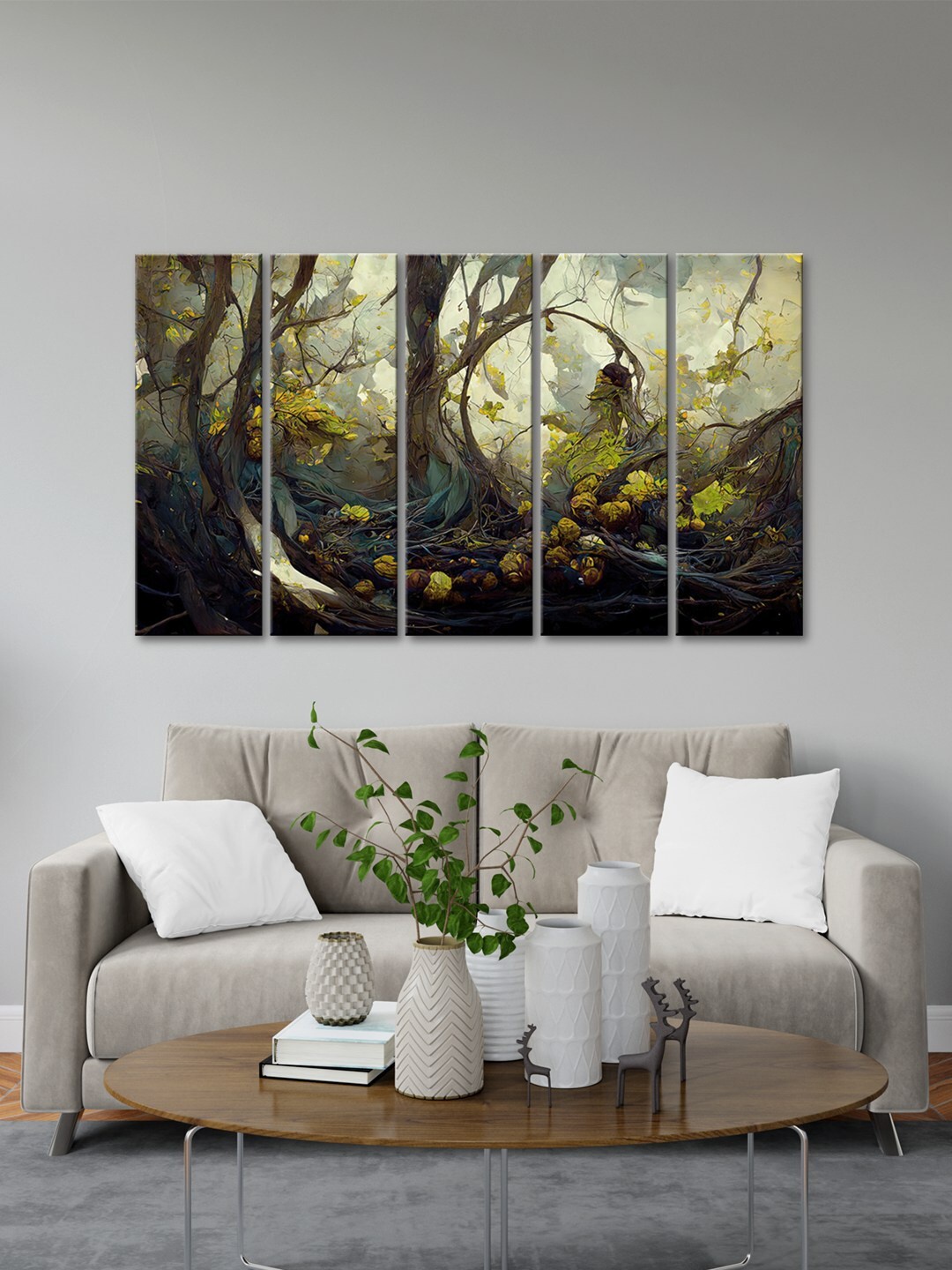 

999Store Green & Yellow 5 Pieces Tree Art Modern Art Panels Wall Painting