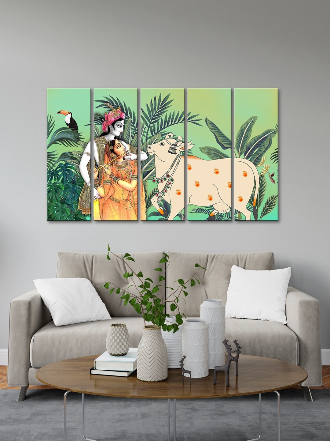 

999Store Green & Orange 5 Pieces Radha Krishna With Cow Wall Art