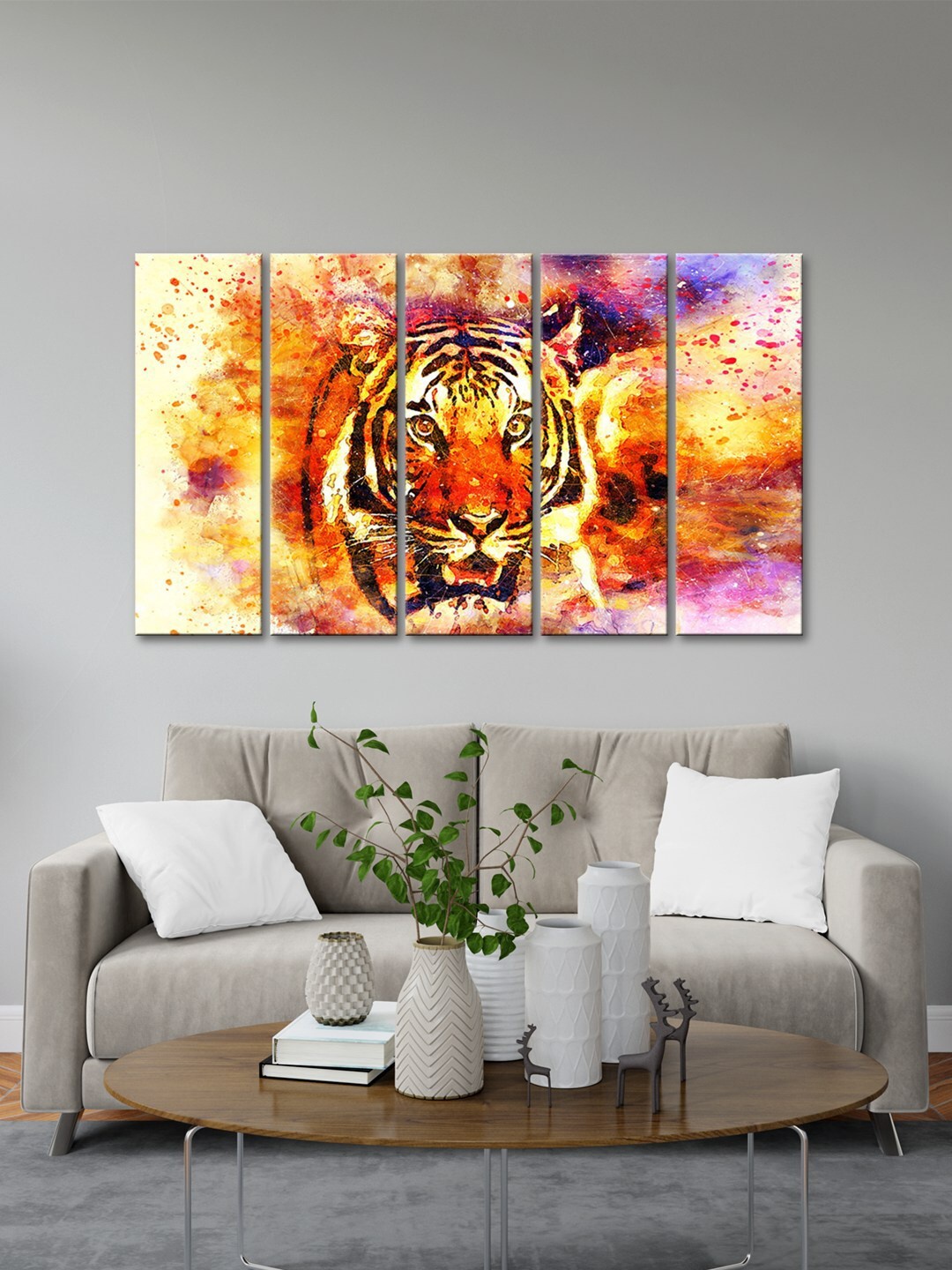 

999Store Red & Yellow 5 Pieces Tiger Face Art Modern Art Panels Wall Painting