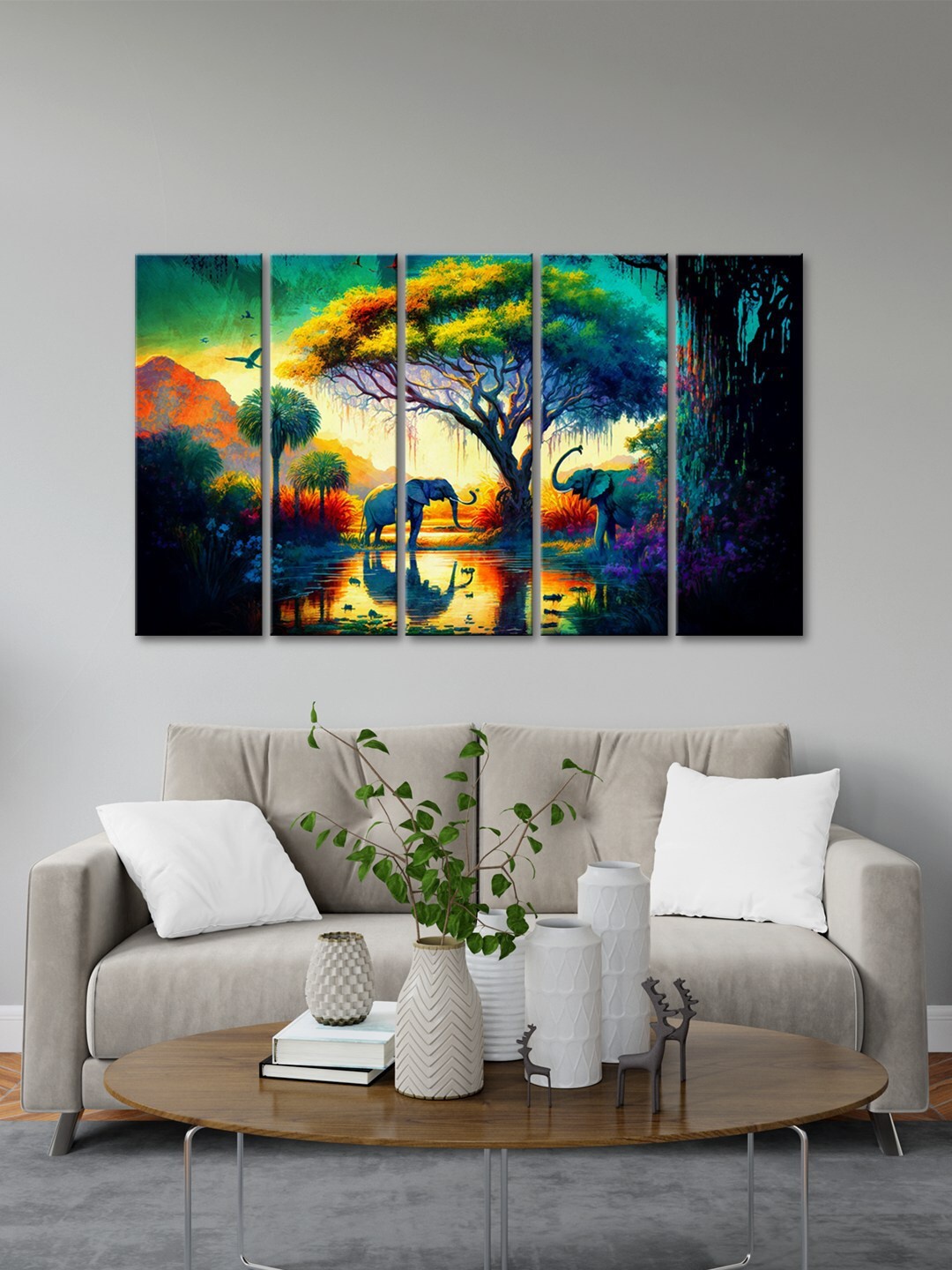

999Store Yellow & Blue 5 Pieces Elephant Tree Art Modern Art Panels Wall Painting