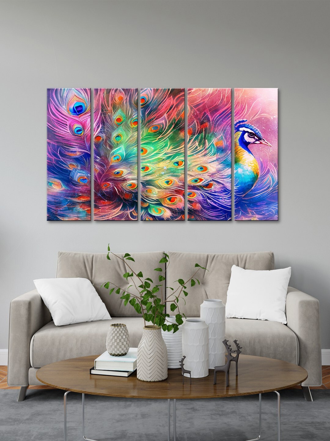 

999Store Blue & Pink 5 Pieces Peacock Printed Canvas Paintings