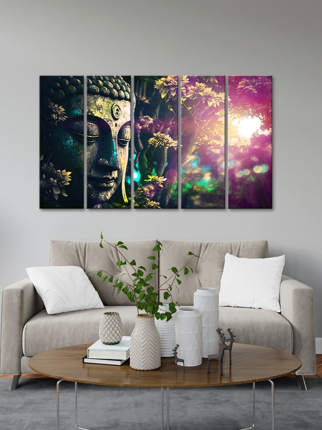 

999Store Purple 5 Pieces Lord Buddha Face Art With Tree And Sunset Modern Art Panels