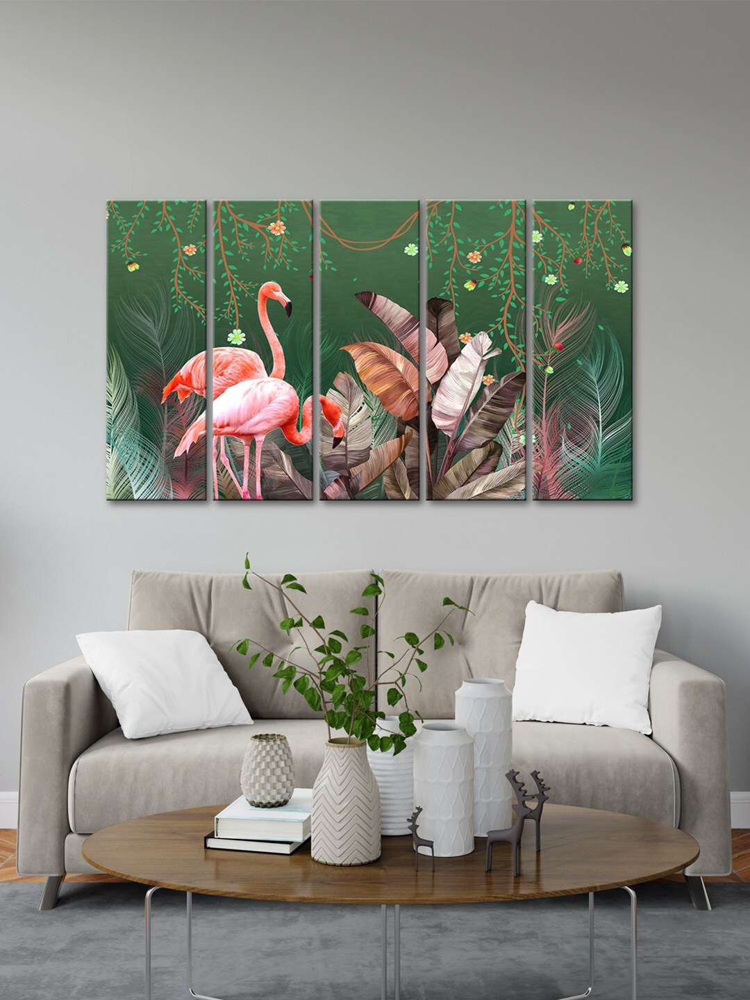 

999Store Green & Peach 5 Pieces Banana Leaves With Bagula Wall Art