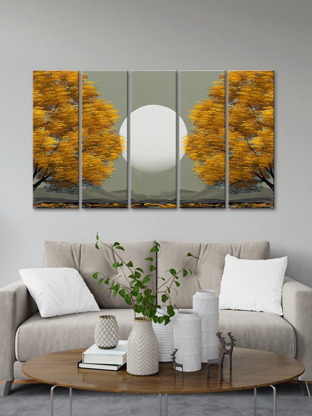 

999Store Grey & yellow 5 Pieces Moon Art Modern Art Panels Wall Painting