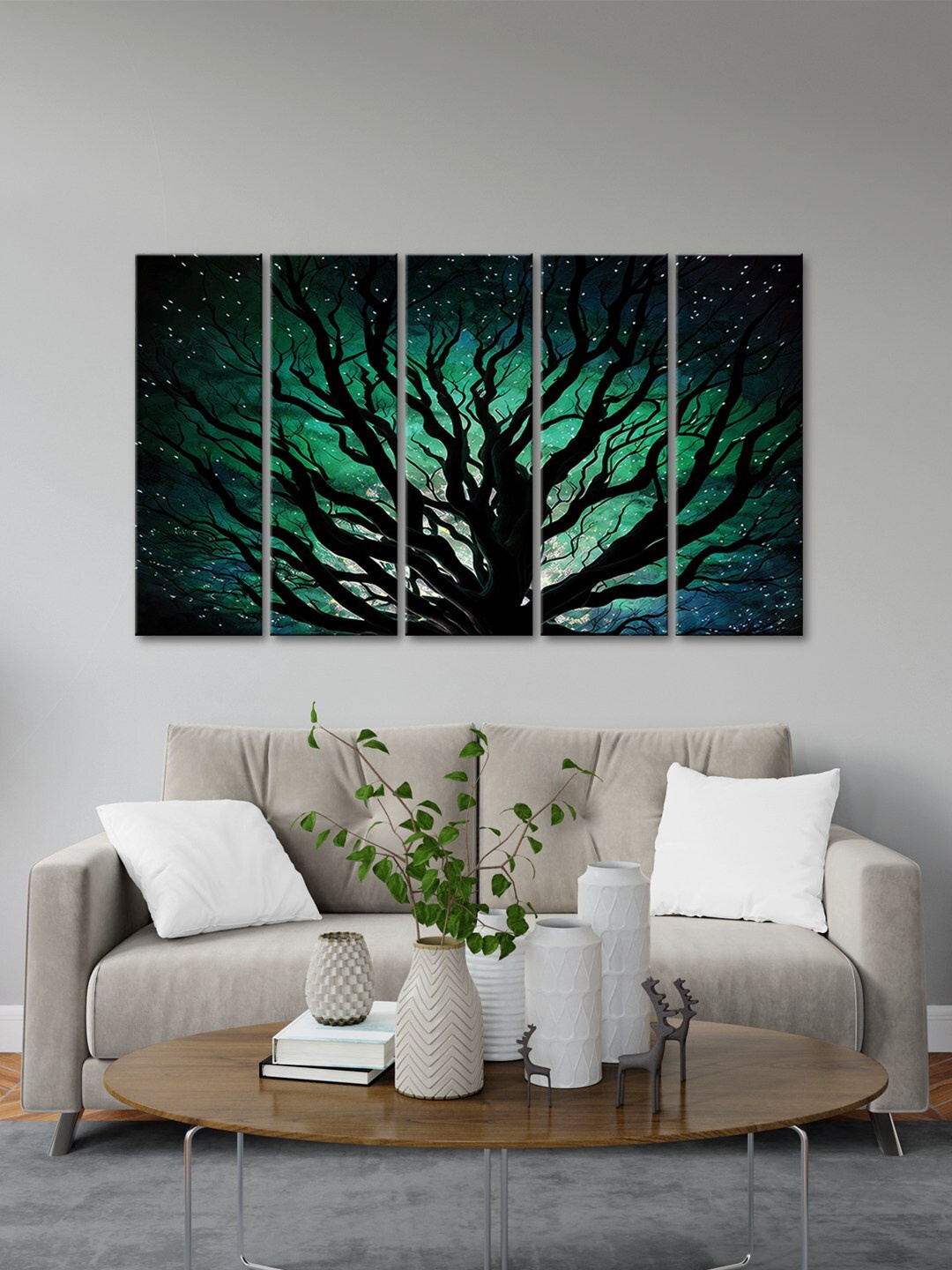 

999Store Black 5 Pieces Tree Art With Night View MDF Wall Painting Set, Green