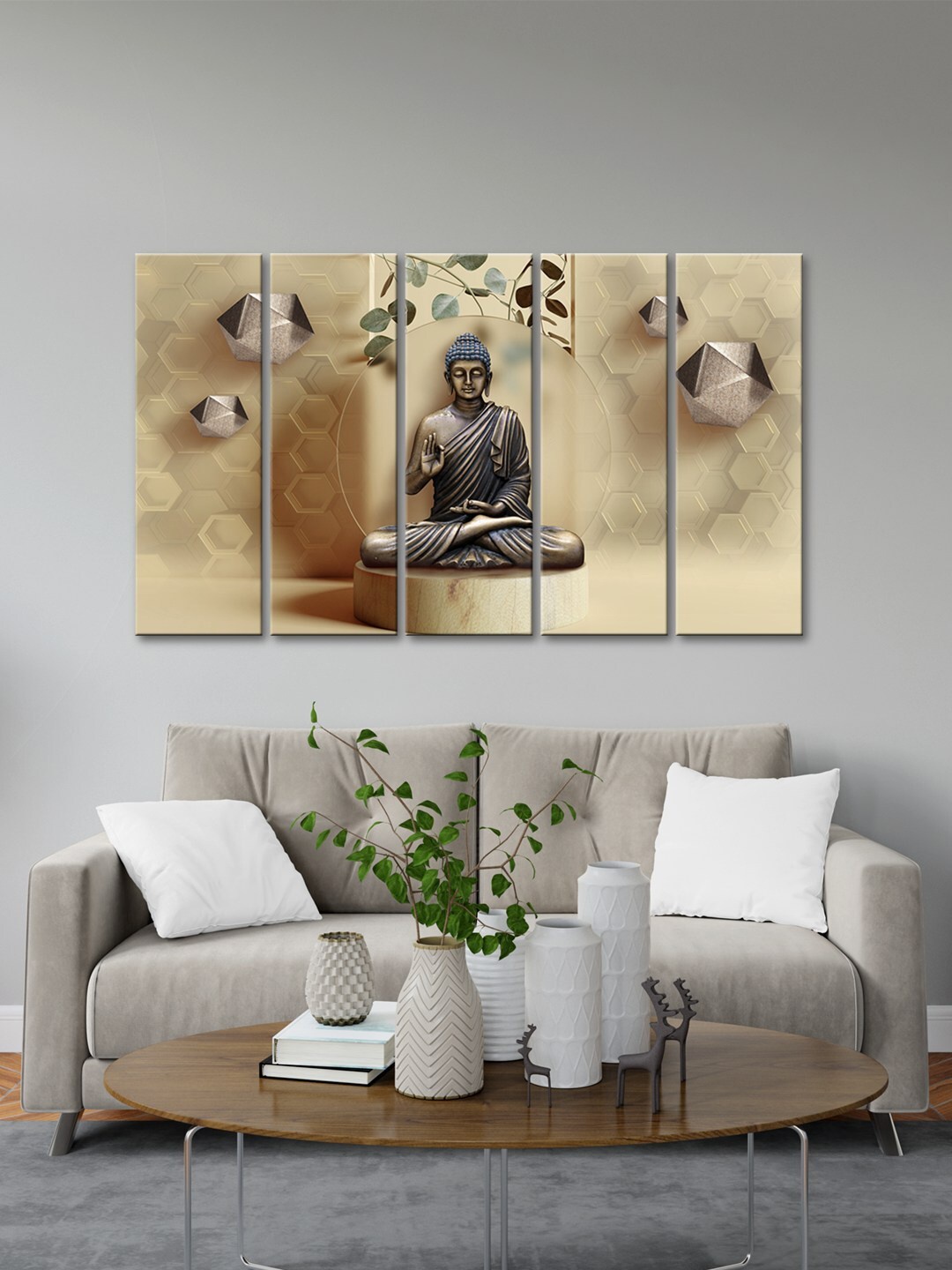 

999Store Brown & Grey 5 Pieces Blessing Lord Buddha Modern Art Panels Wall Painting