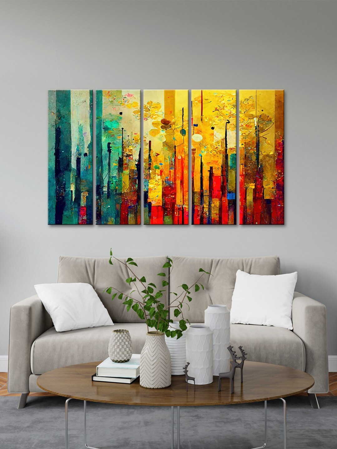 

999Store 5-Paneled Abstract Modern Art Wall Painting, Yellow