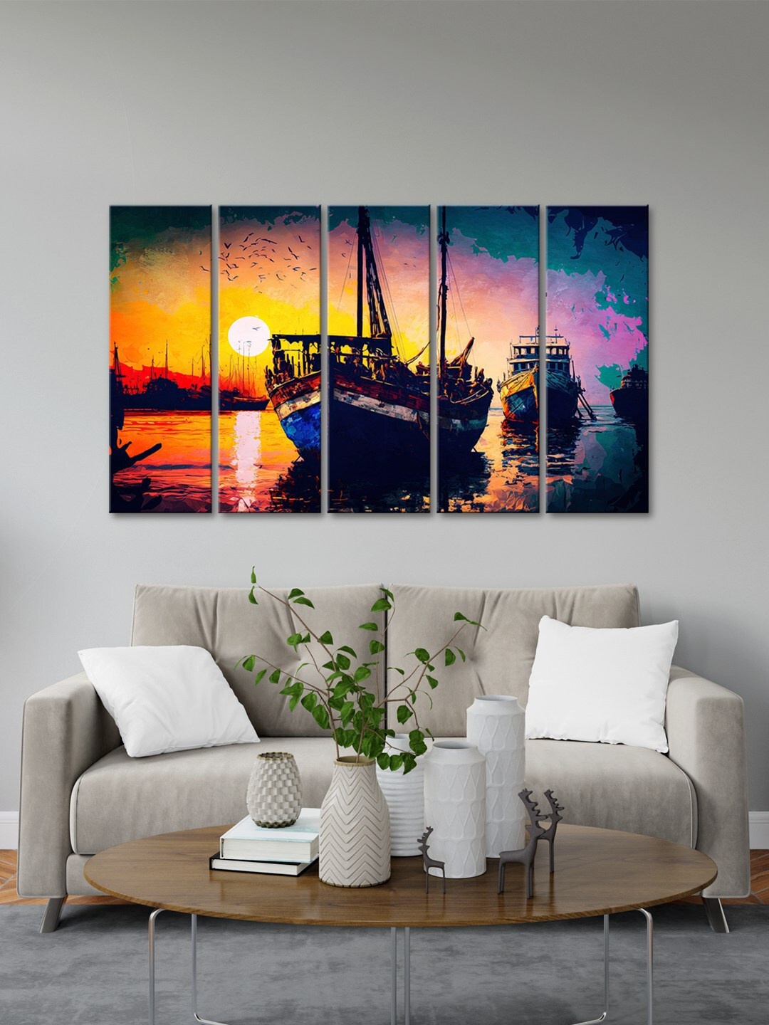 

999Store Blue 5 Pieces Boat With Sunset View Printed Frame Art Panels Wall Painting, Yellow