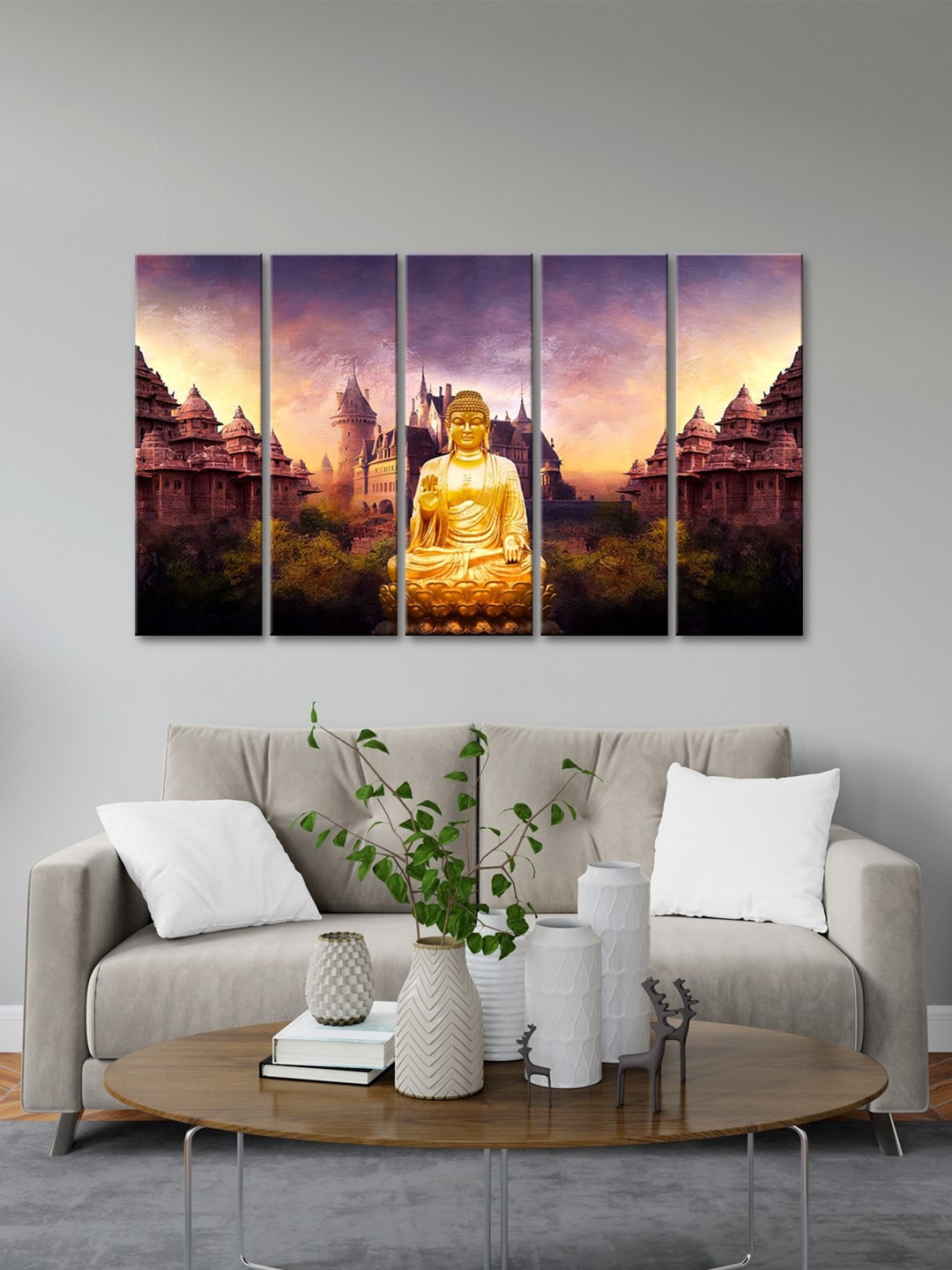

999Store Brown 5 Pcs Lord Buddha Sitting With Mahal Background Art Panels Wall Art