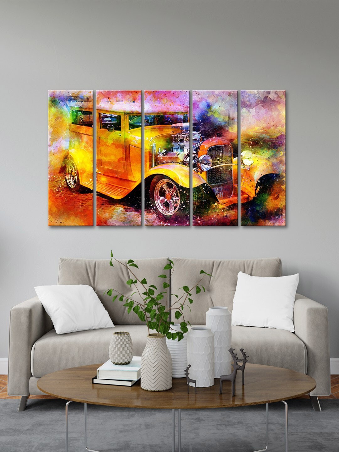 

999Store 5 Pieces Classic Car With Abstract Effect Modern Painting Art Panels, Yellow