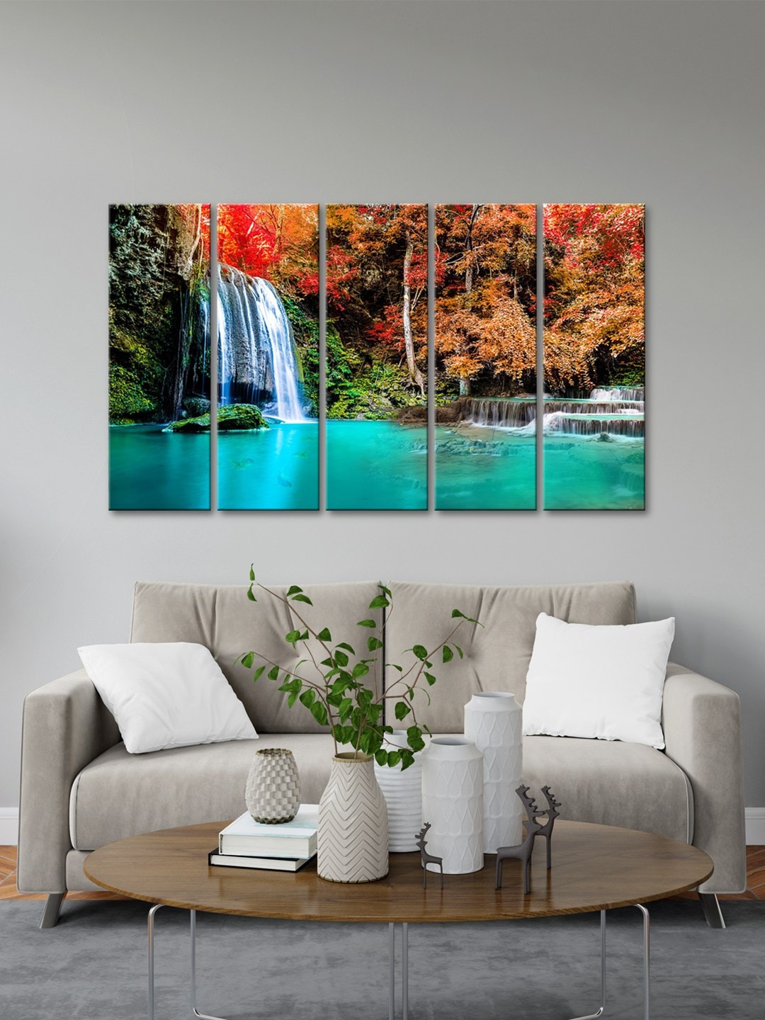 

999Store Blue 5 Pieces Jungle View With Waterfall And Tree MDF Wall Painting Set