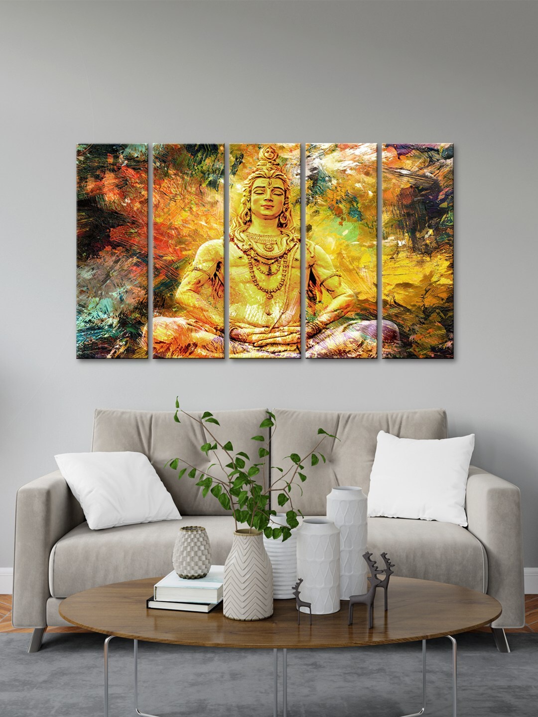 

999Store Yellow & Green 5 Pieces Lord Shiva Modern Art Panels Wall Painting