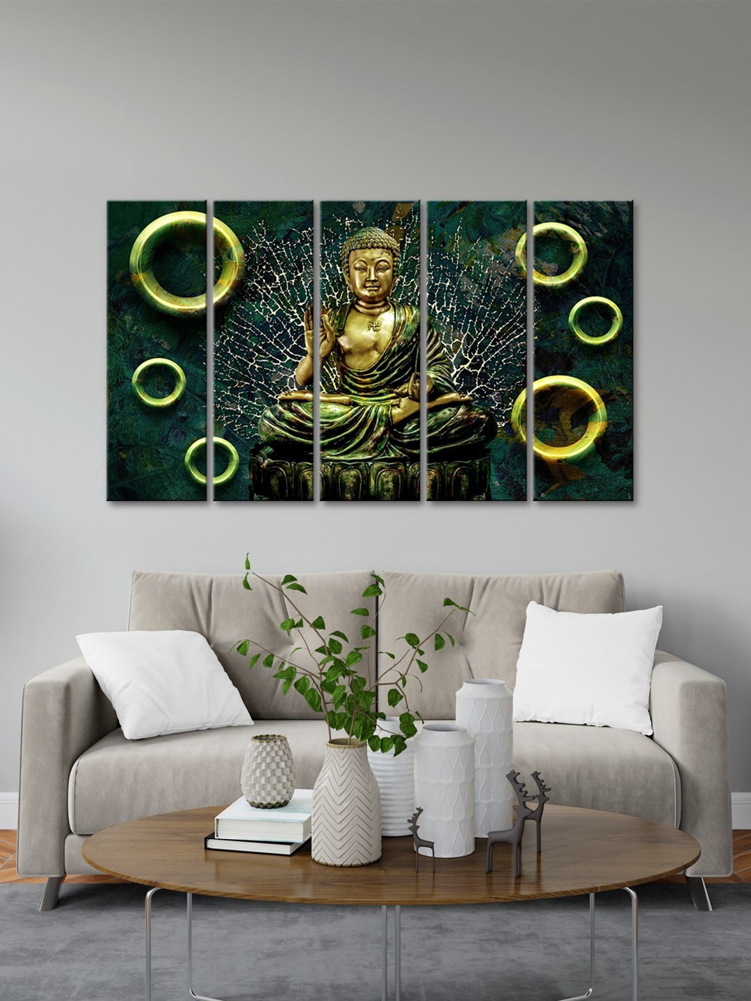 

999Store Green 5 Pieces Blessing Lord Buddha Modern Art Wall Painting Art Panels