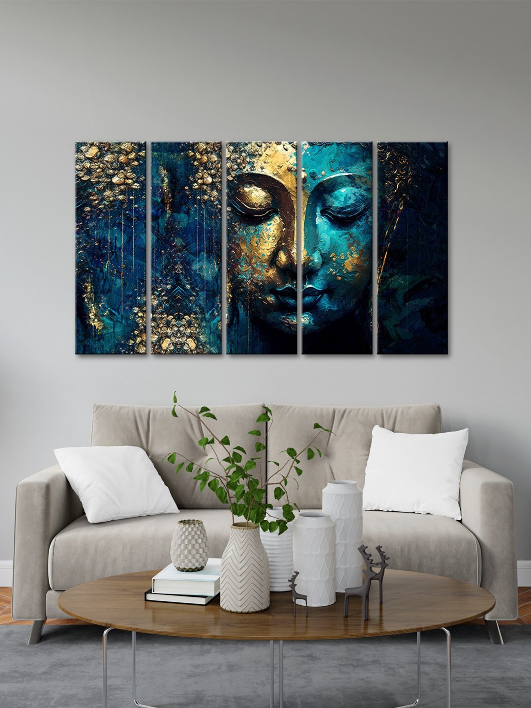 

999Store Blue 5 Pieces Buddha Printed Canvas Paintings