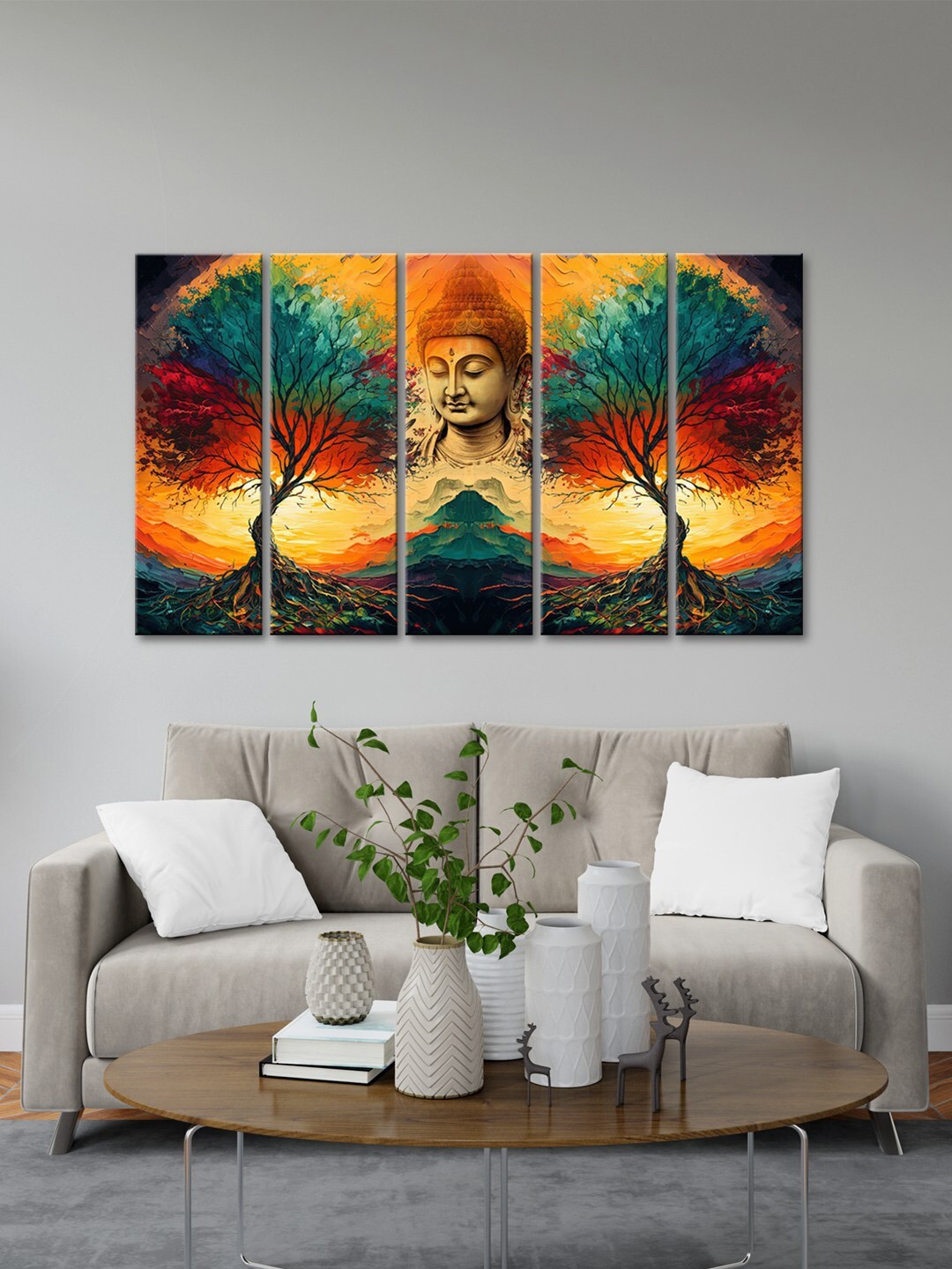 

999Store Blue 5 Pieces Colorful Tree And Mountain With Lord Buddha Modern Art Panels
