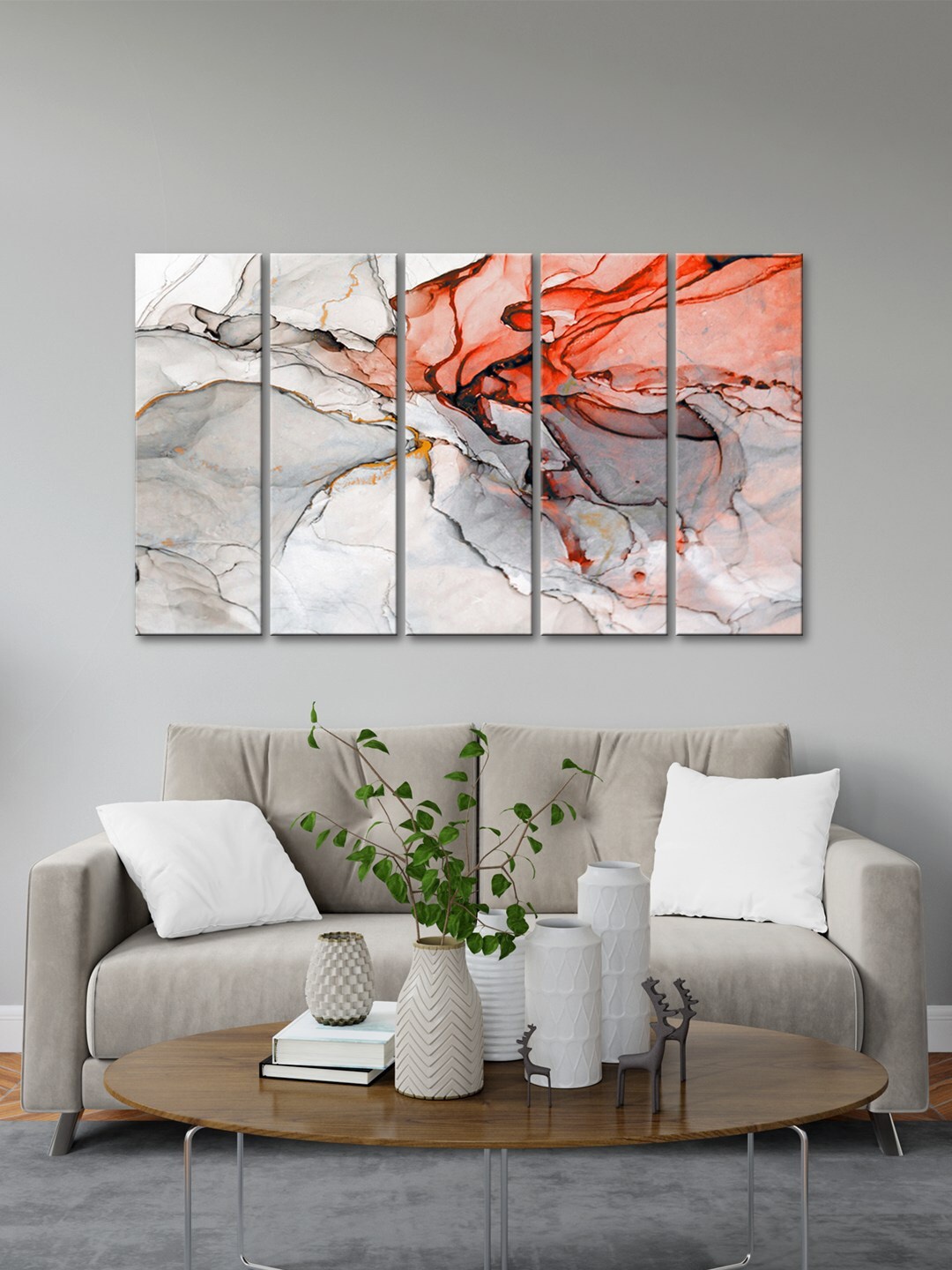 

999Store Red 5 Pieces Abstract Printed Frame Painting Art Panels, Grey