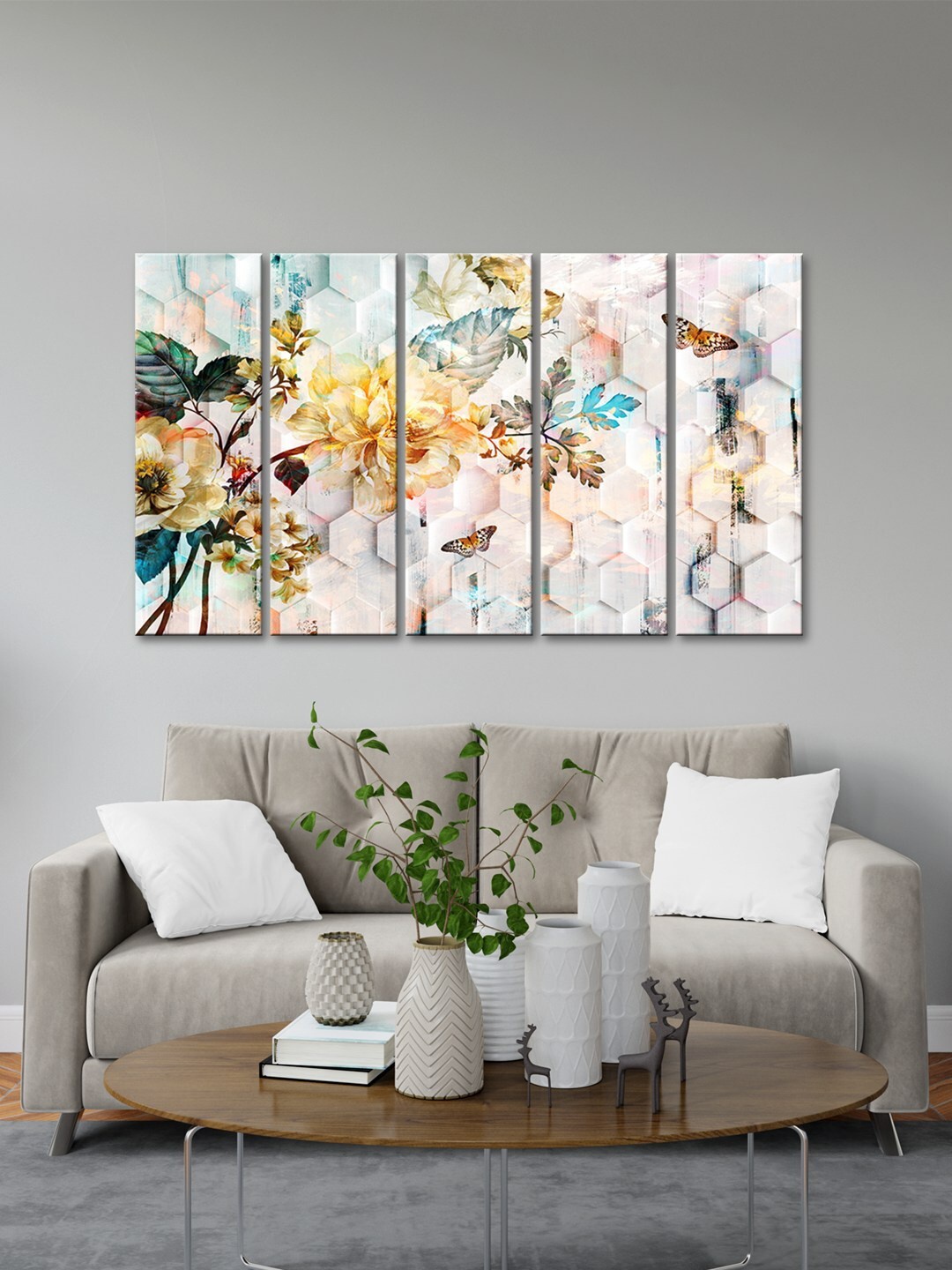 

999Store Grey 5 Pieces Flowers Leaves With Flying Butterfly MDF Wall Painting Set