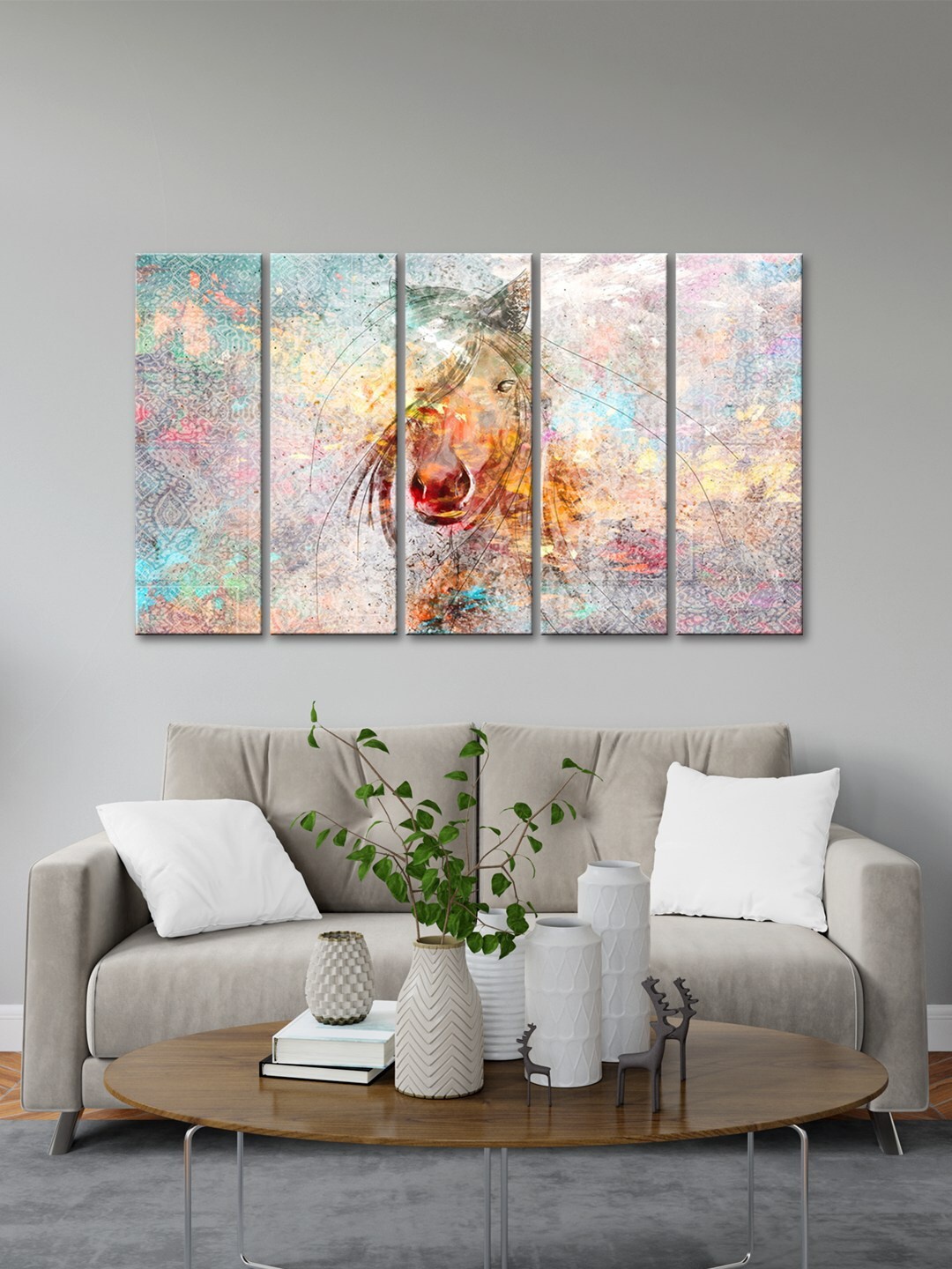 

999Store Brown & Grey 5 Pieces Horse Face Art With Abstract Effect Background Wall Art
