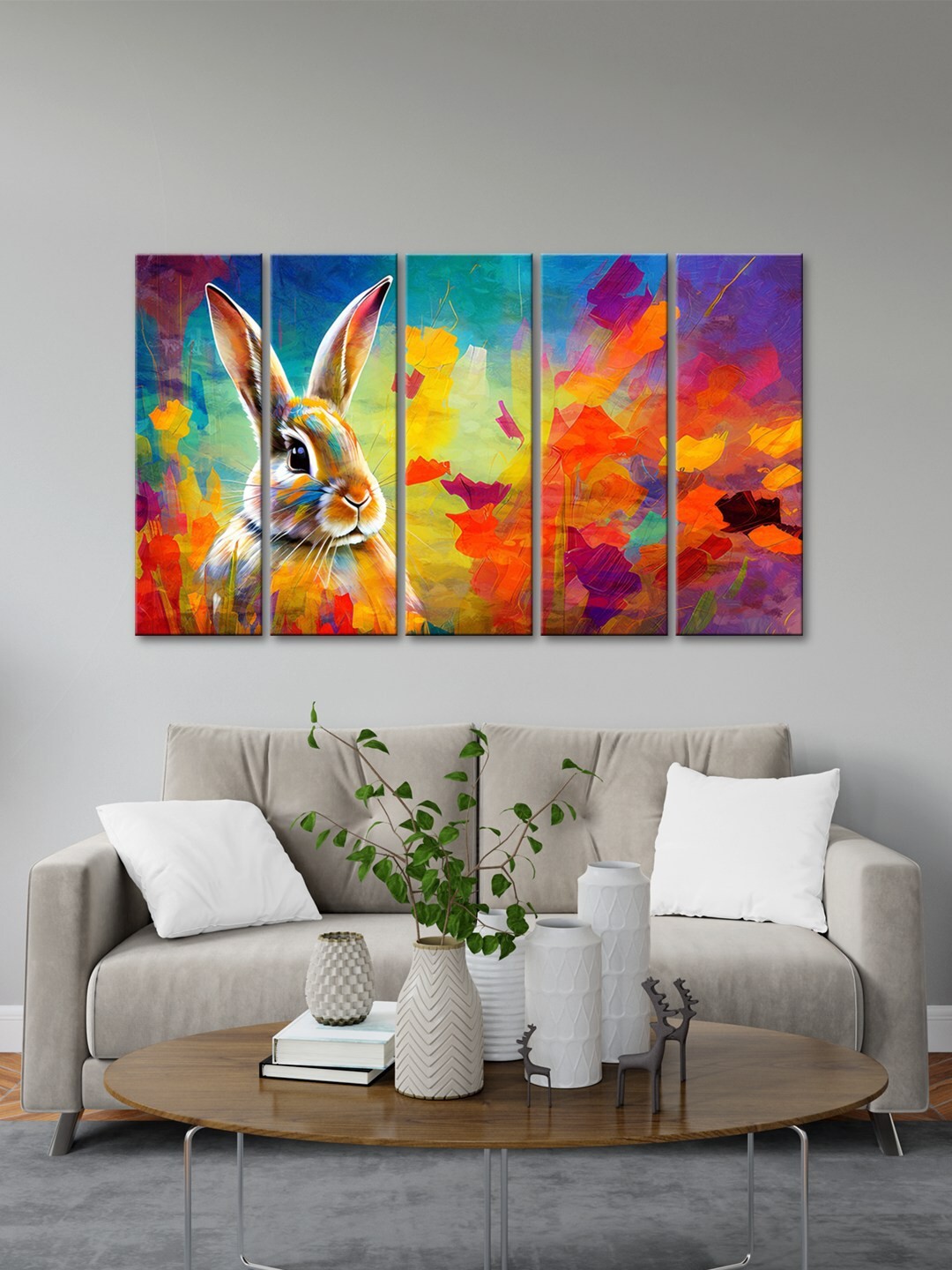 

999Store Red & Purple 5 Pieces Rabbit With Abstract Wall Art