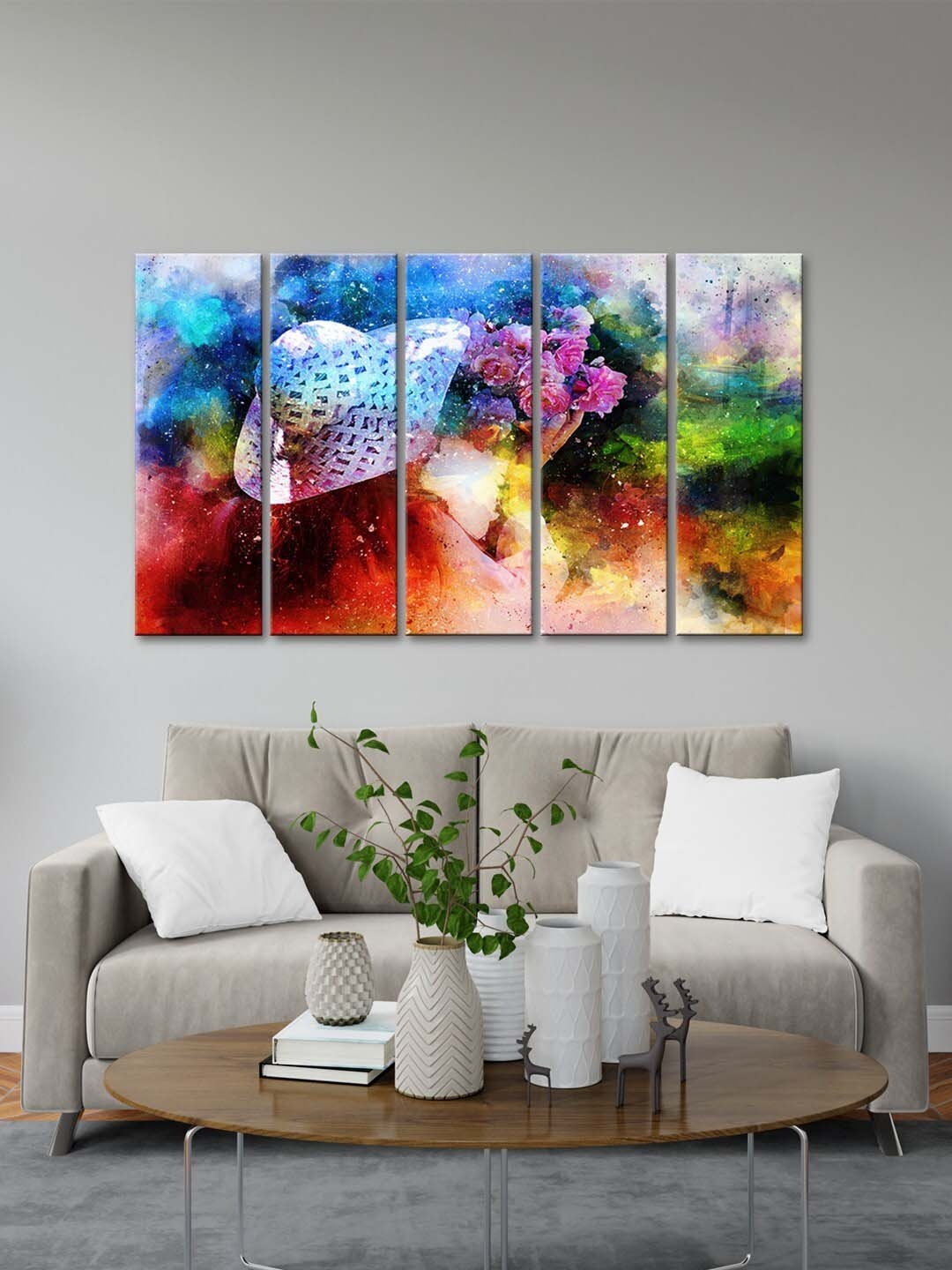 

999Store Green & Blue 5 Pieces Lady Cap With Flower & Abstract Wall Art