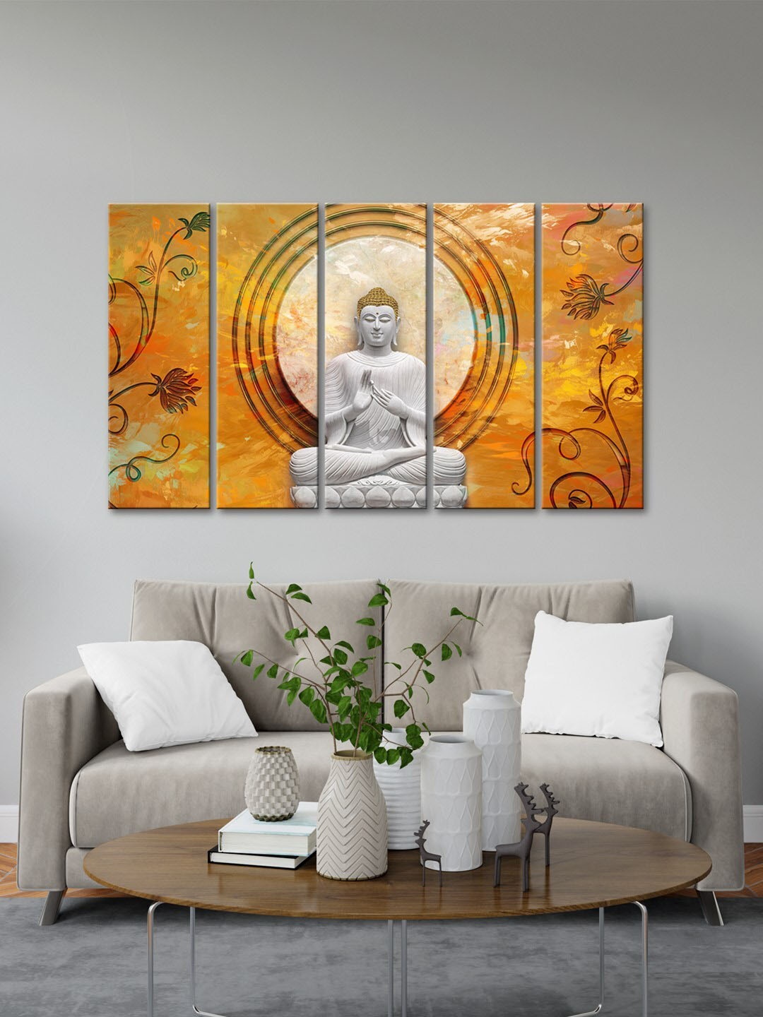 

999Store Yellow 5 Pieces Blessing Lord Buddha MDF Wall Painting Set