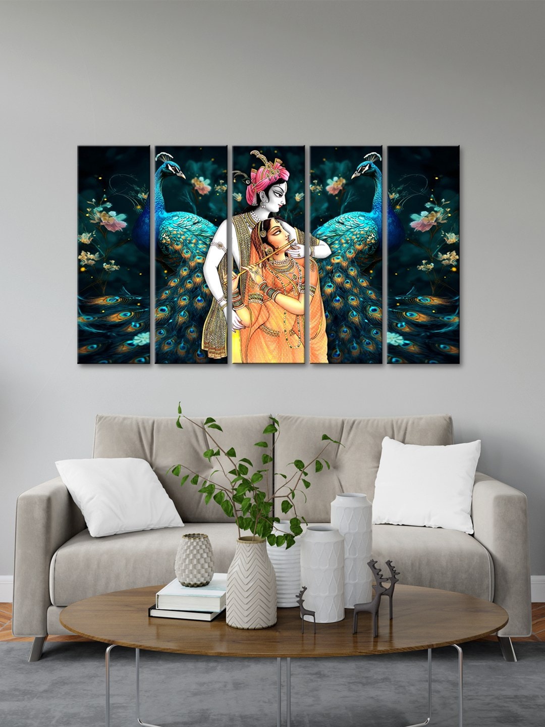 

999Store Green & Yellow 5 Pieces Radha Krishna Modern Art Panels Wall Painting