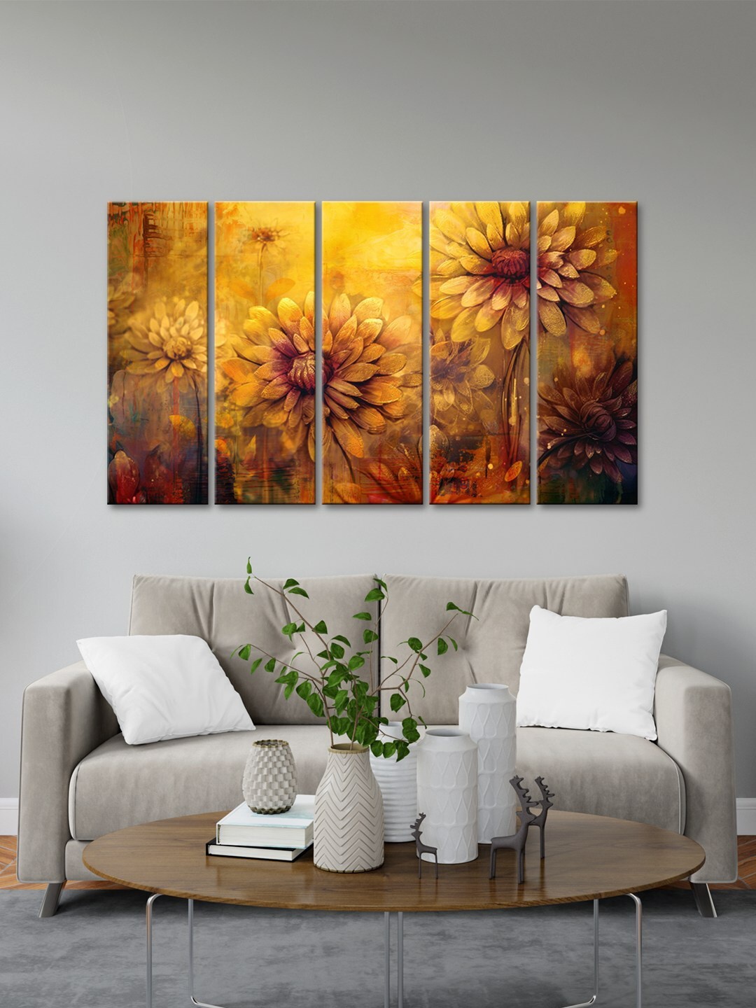 

999Store Yellow 5 Pieces Floral Printed Multi Frame Painting Art Panels