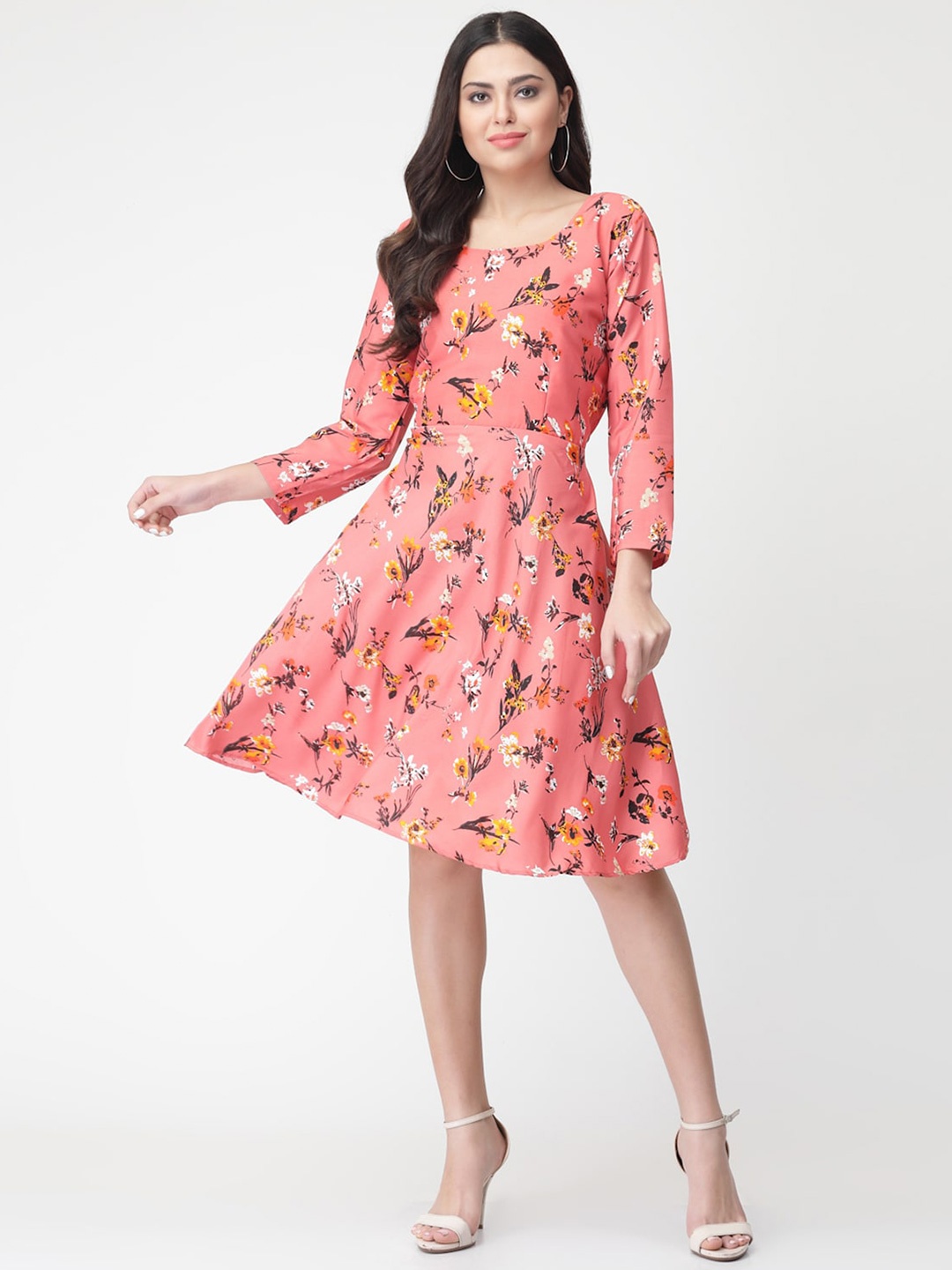

MISS AYSE Peach-Coloured Floral Printed Fit & Flare Dress