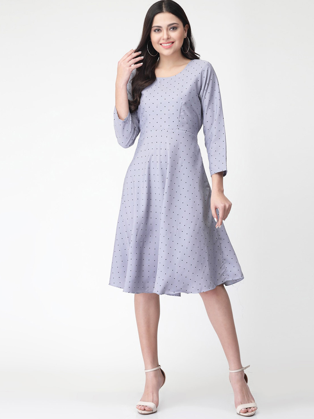 

MISS AYSE Grey Polka Dot Printed Fit & Flare Dress, Lavender