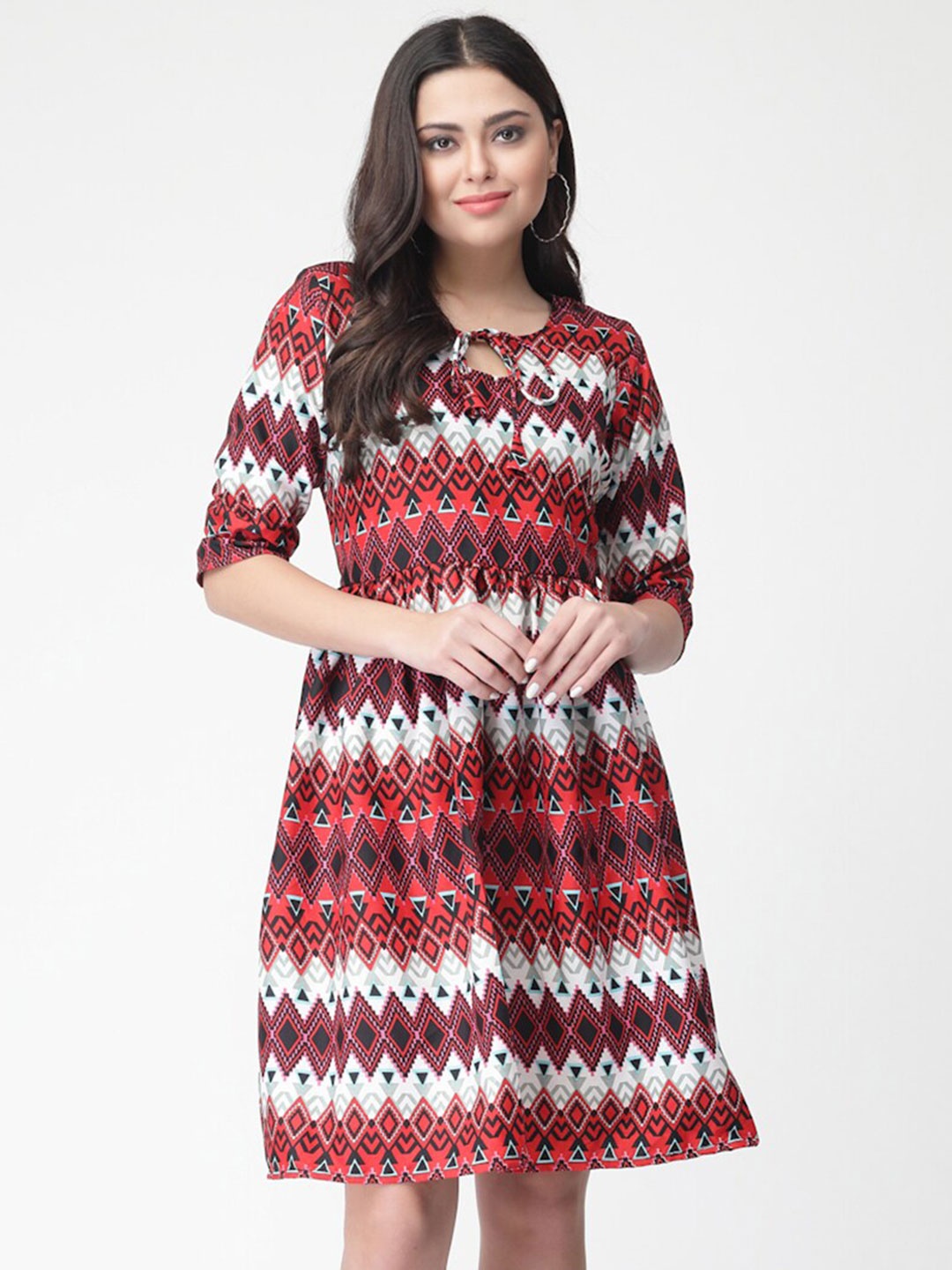 

MISS AYSE Geometric Printed Tie-Up Neck Fit & Flare Dress, White
