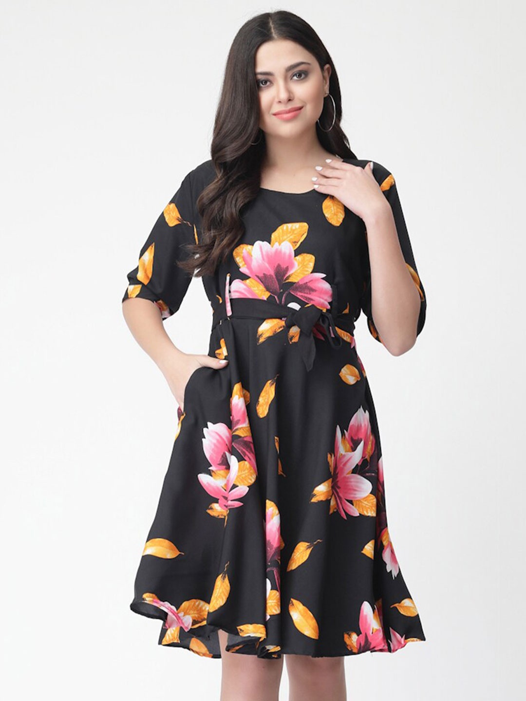 

MISS AYSE Floral Printed Fit & Flare Dress, Black