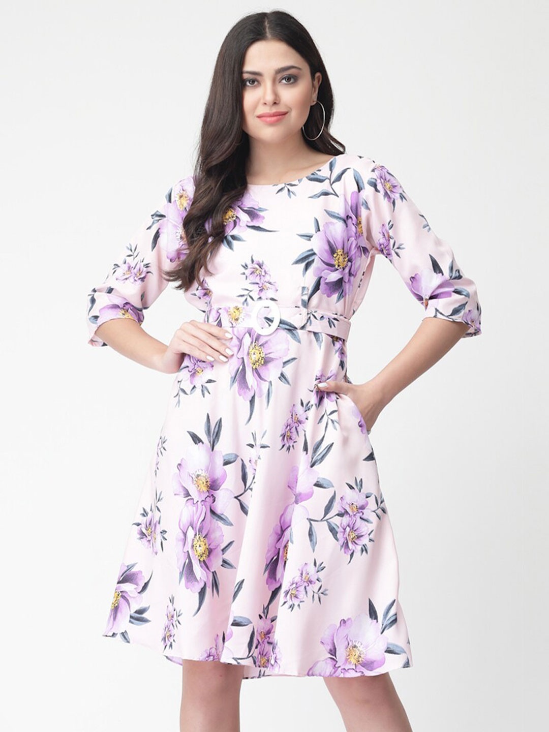 

MISS AYSE Floral Printed Belted Fit & Flare Dress, Lavender