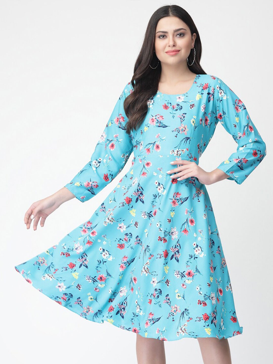 

MISS AYSE Floral Printed Fit & Flare Dress, Turquoise blue