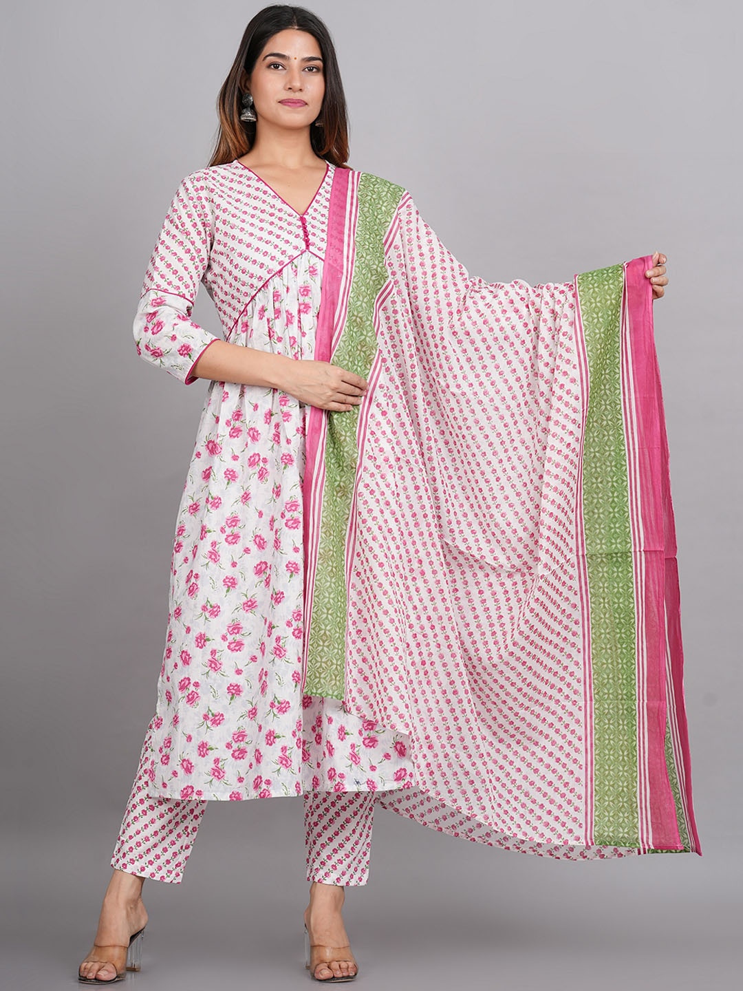 

LIVING ROOTS Floral Printed Pure Cotton A-Line Kurta With Trousers & Dupatta, White