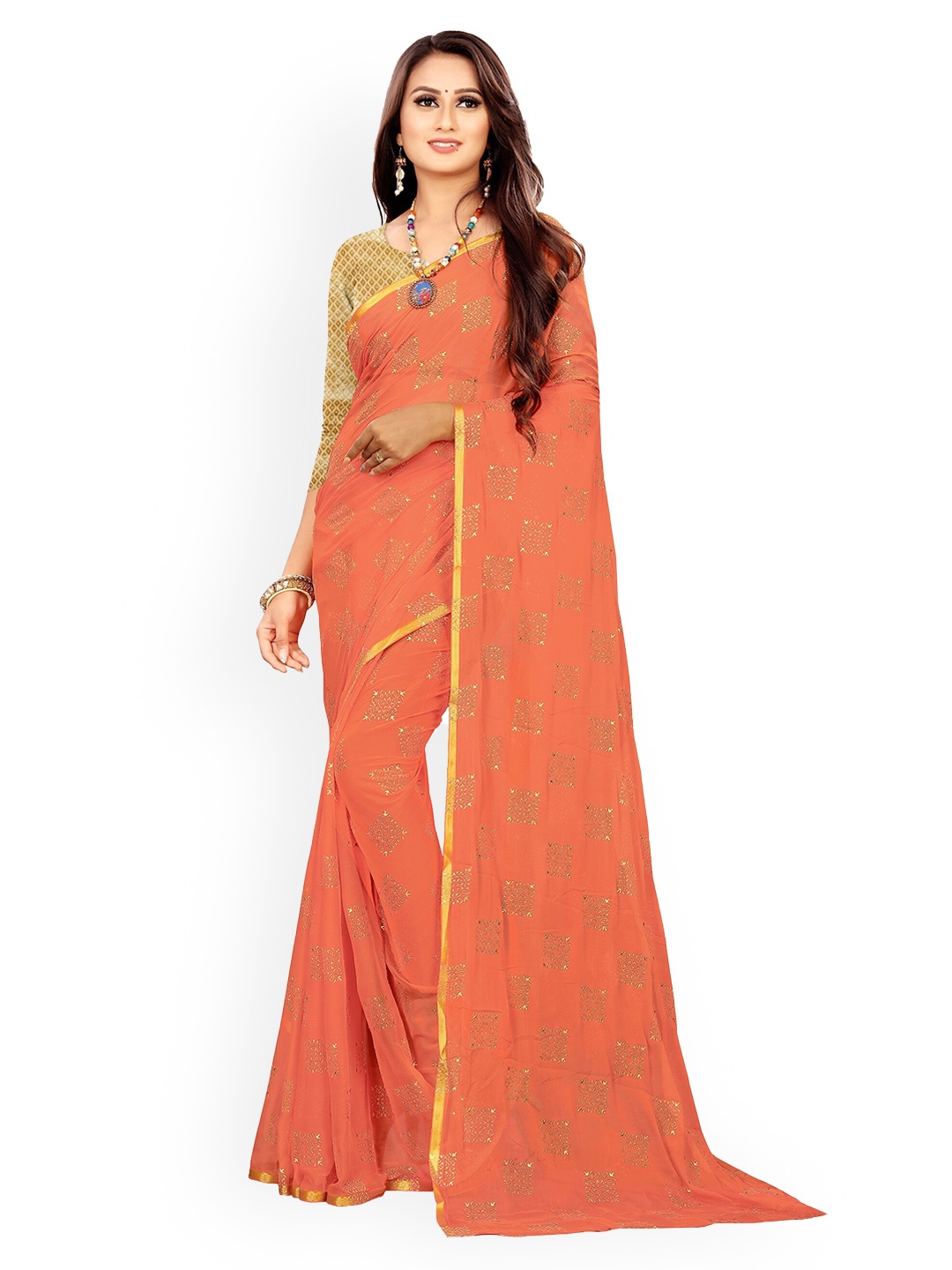 

Rhey Ethnic Motifs Printed Pure Chiffon Saree, Peach