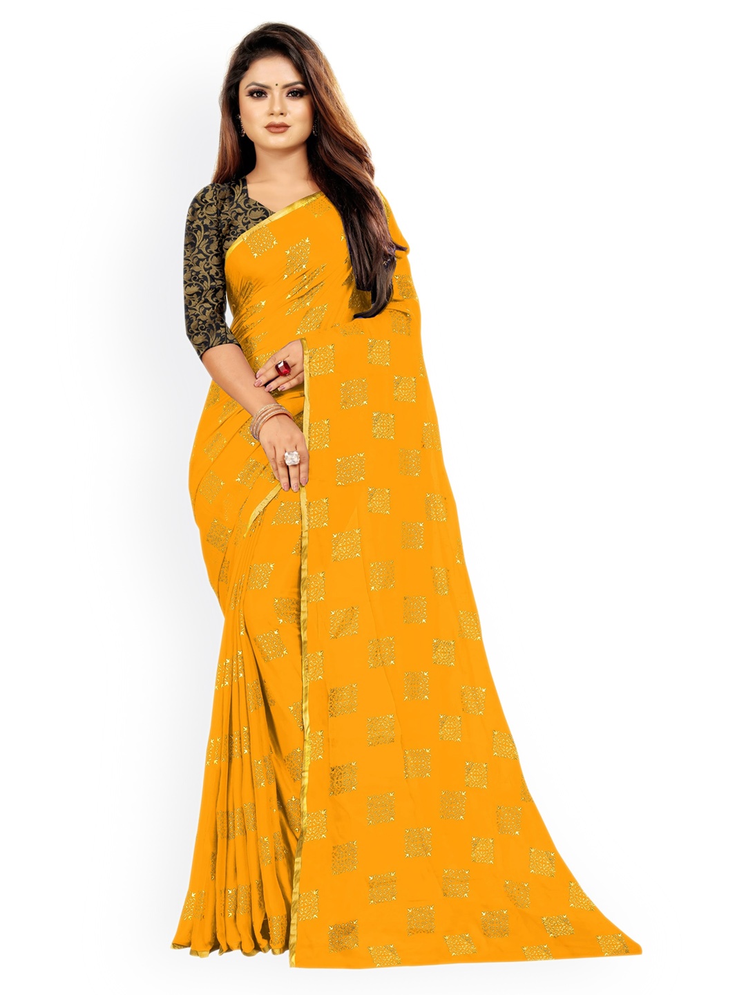 

Rhey Ethnic Motifs Printed Chiffon Saree, Yellow