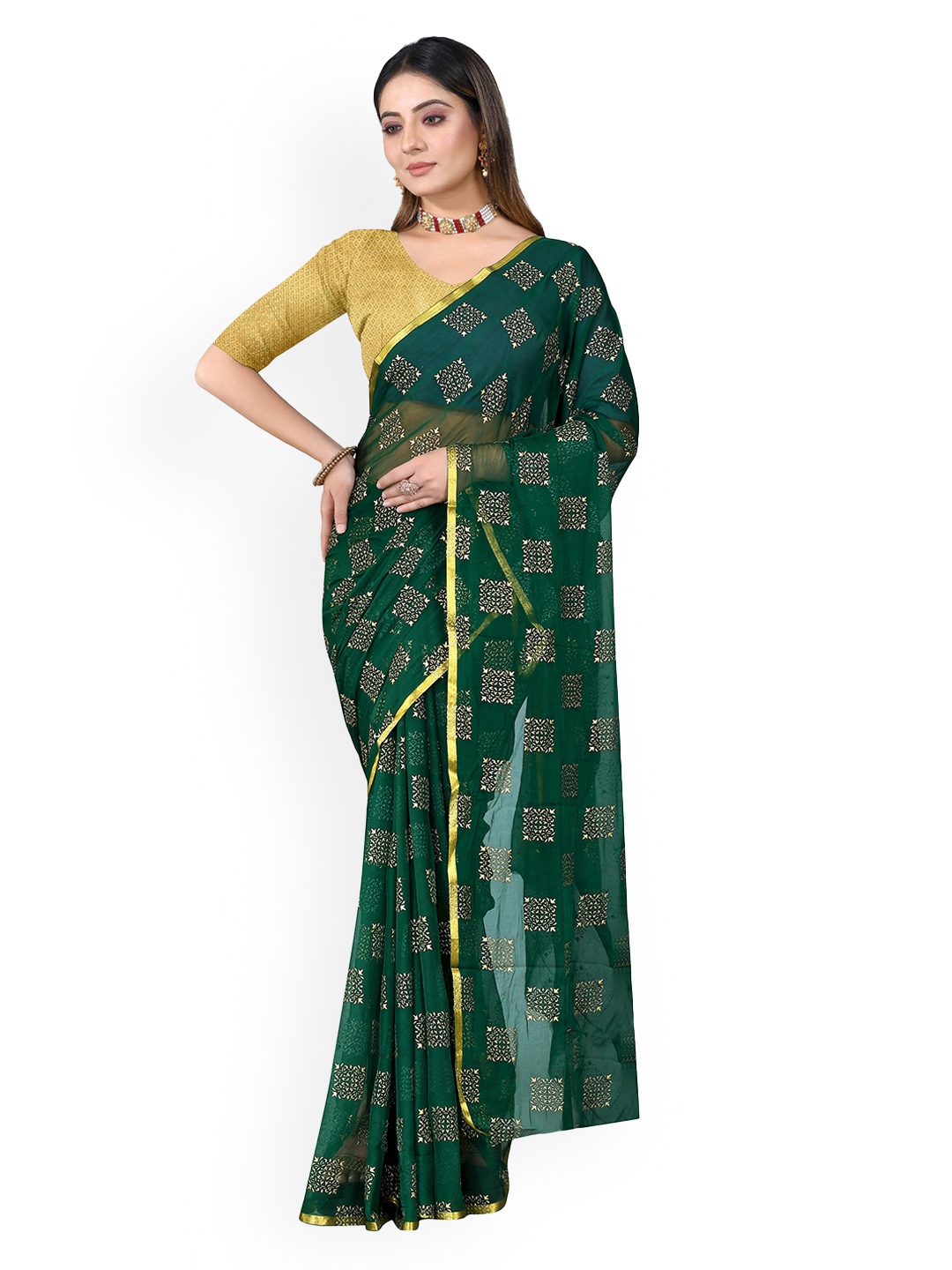 

Rhey Ethnic Motifs Poly Chiffon Saree, Green