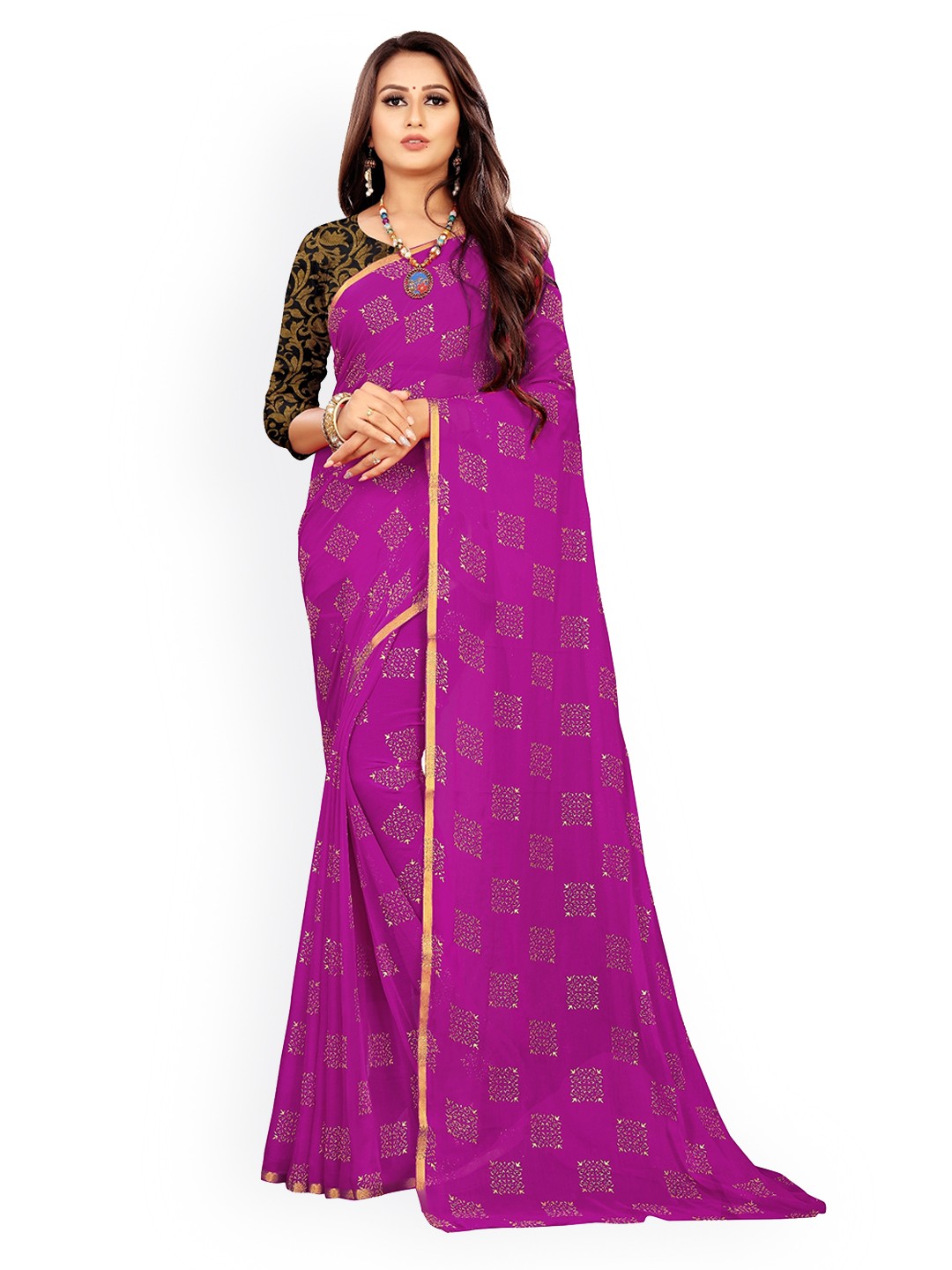 

Rhey Ethnic Motifs Foil Printed Chiffon Saree & Jacquarad Blouse Piece, Magenta