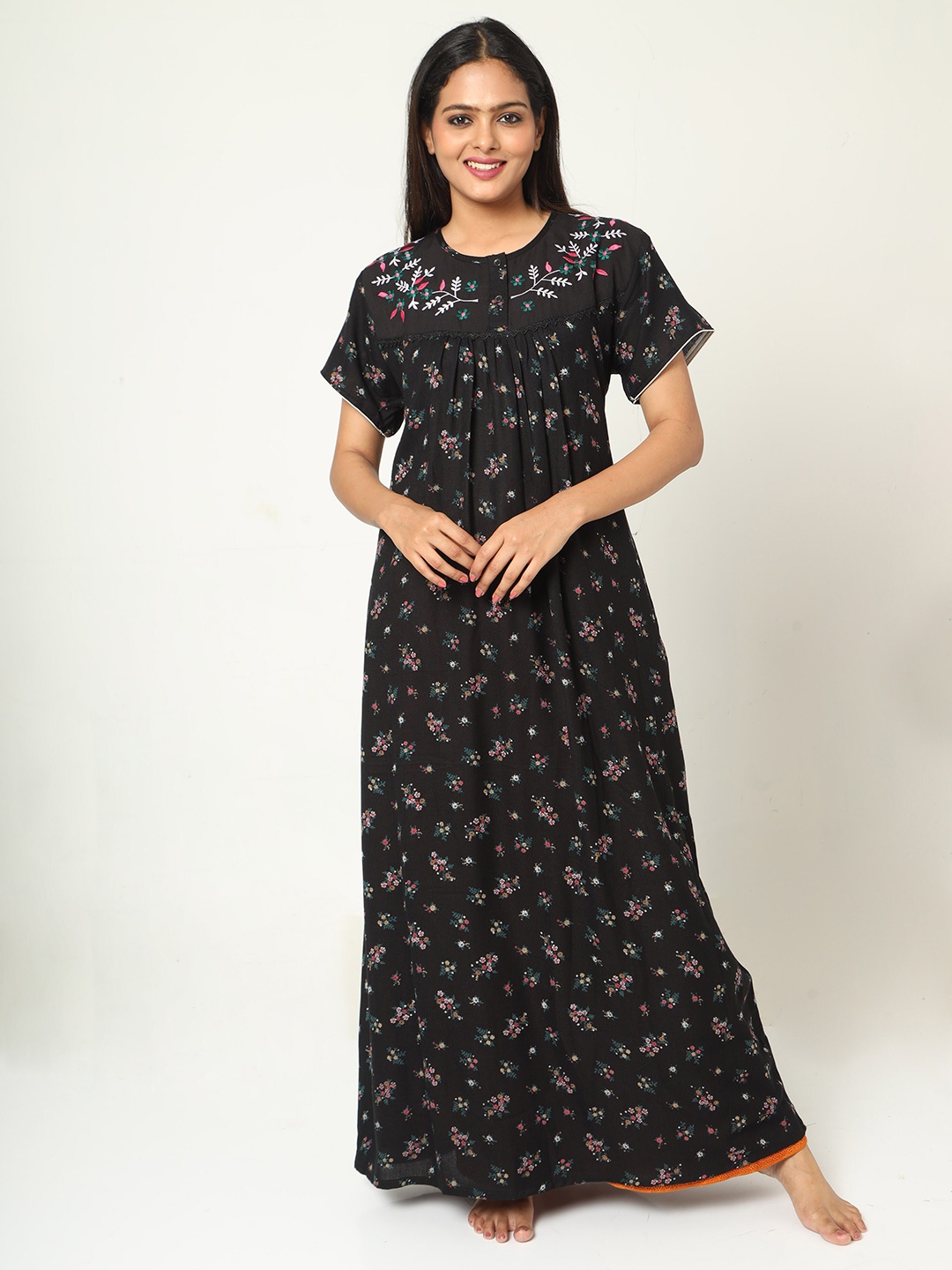 

9shines Label Floral Printed Maxi Nightdress, Black