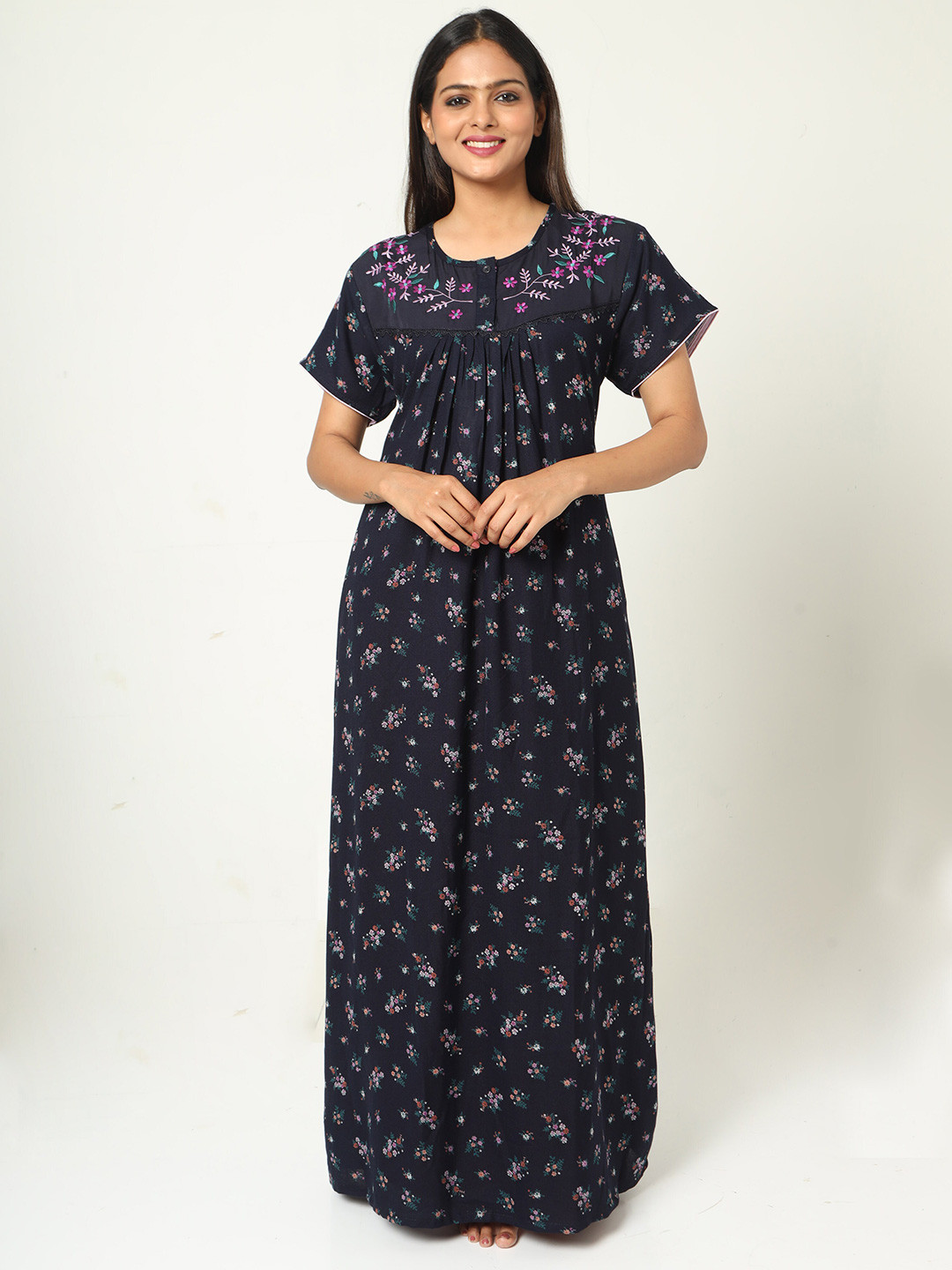 

9shines Label Floral Printed Short Sleeves Maxi Nightdress, Navy blue