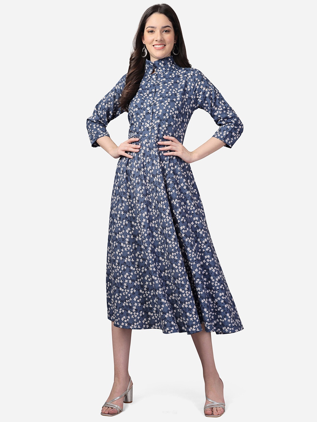 

Fashion2wear Floral Printed Shirt Collar Georgette Fit & Flare Midi Dress, Blue