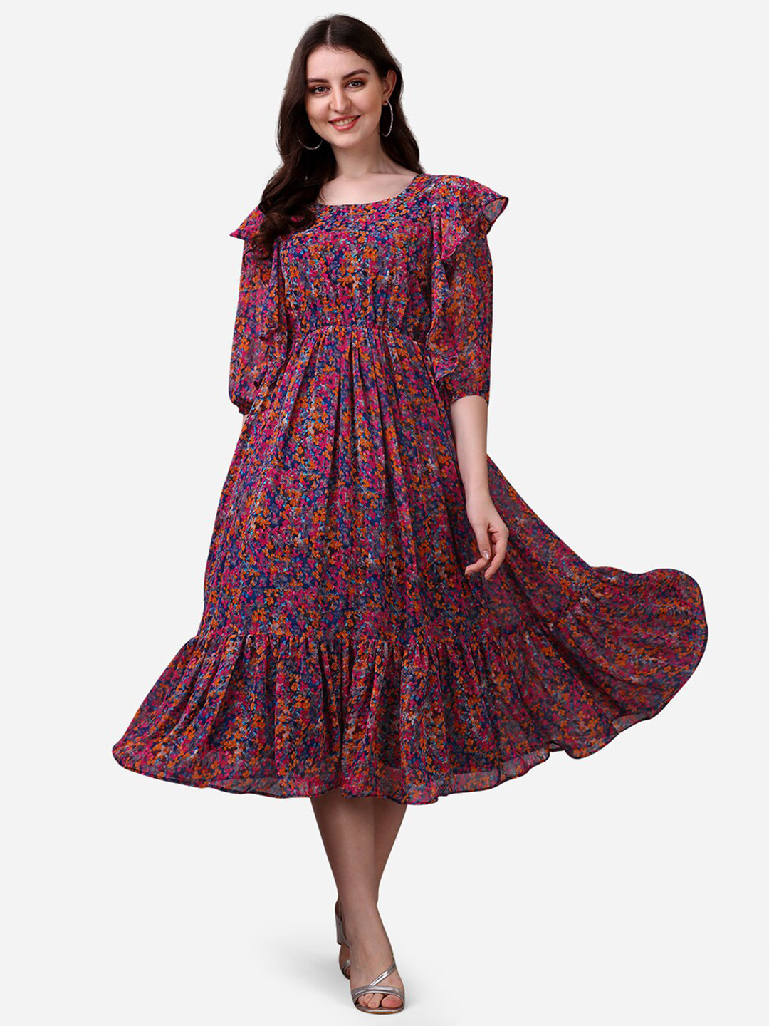 

Fashion2wear Floral Printed Bell Sleeves Ruffles Detail Georgette Fit & Flare Midi Dress, Orange