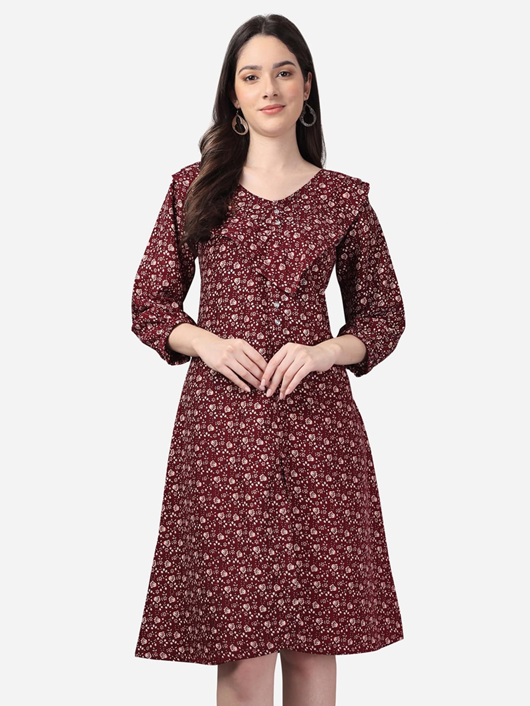 

Fashion2wear Floral Printed V-Neck Cotton Fit & Flare Dress, Red